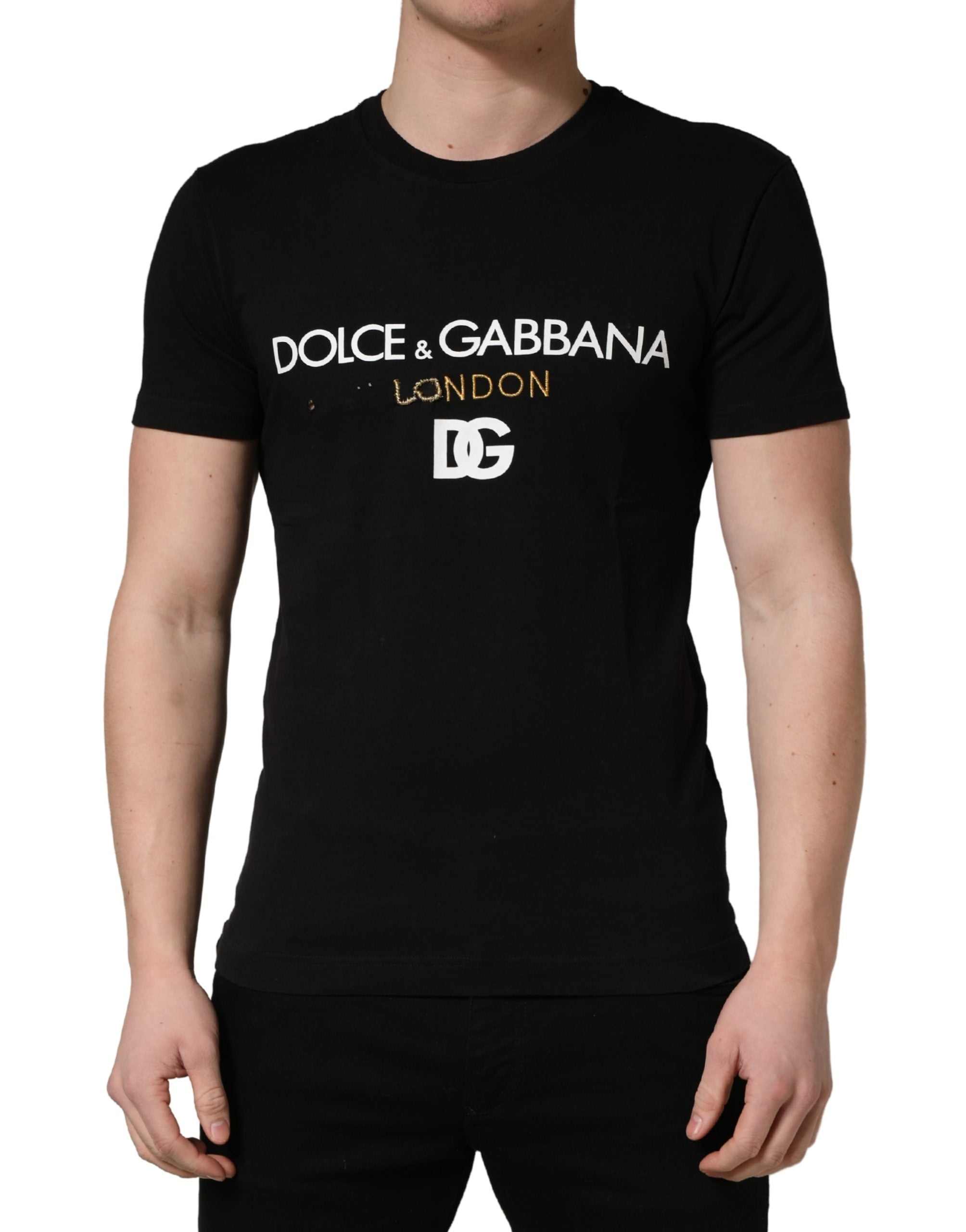 T-shirt pour homme Dolce & Gabbana DG London noir en coton avec col rond, vue de face.