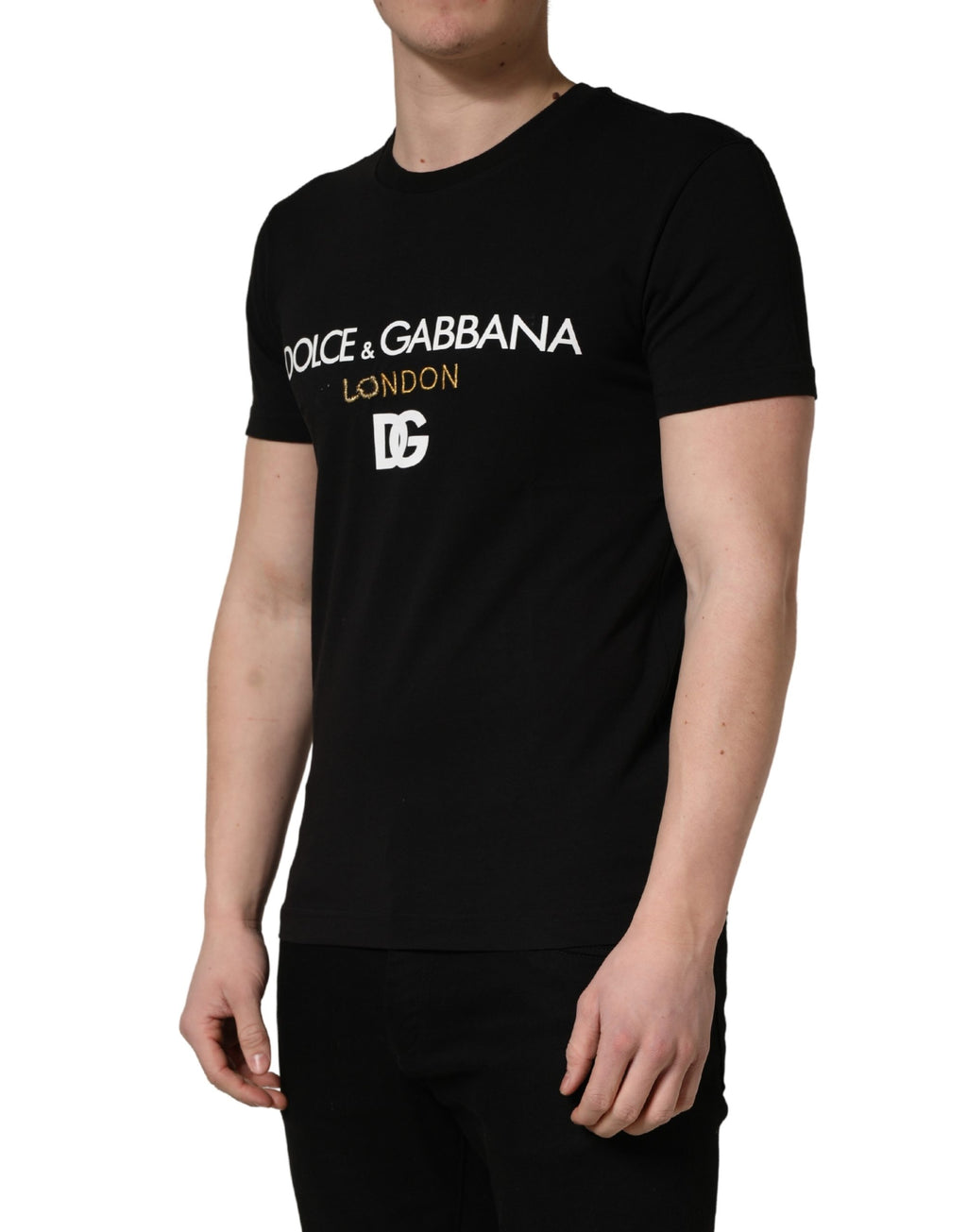 T-shirt homme Dolce & Gabbana noir DG London en coton avec col ras du cou, visible en détail sur l'image.