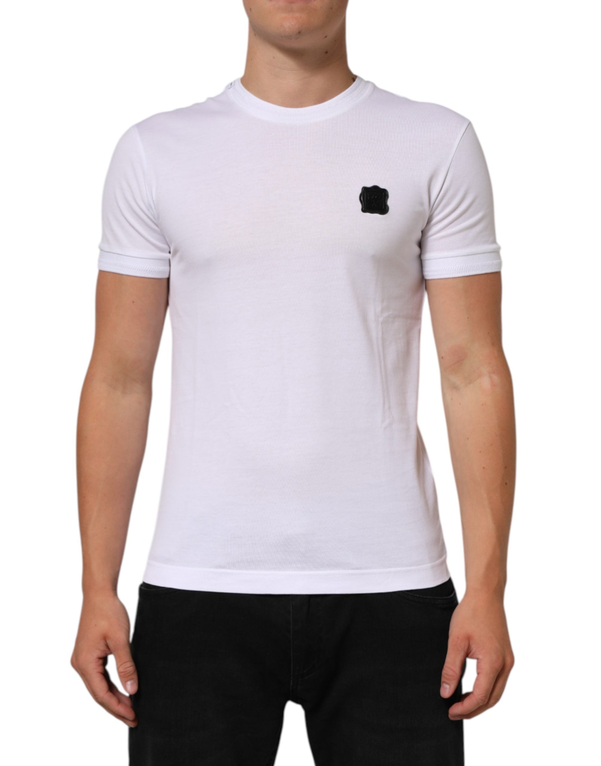 T-shirt blanc en coton Dolce & Gabbana avec logo brodé et col rond, vue de face, détails visibles.