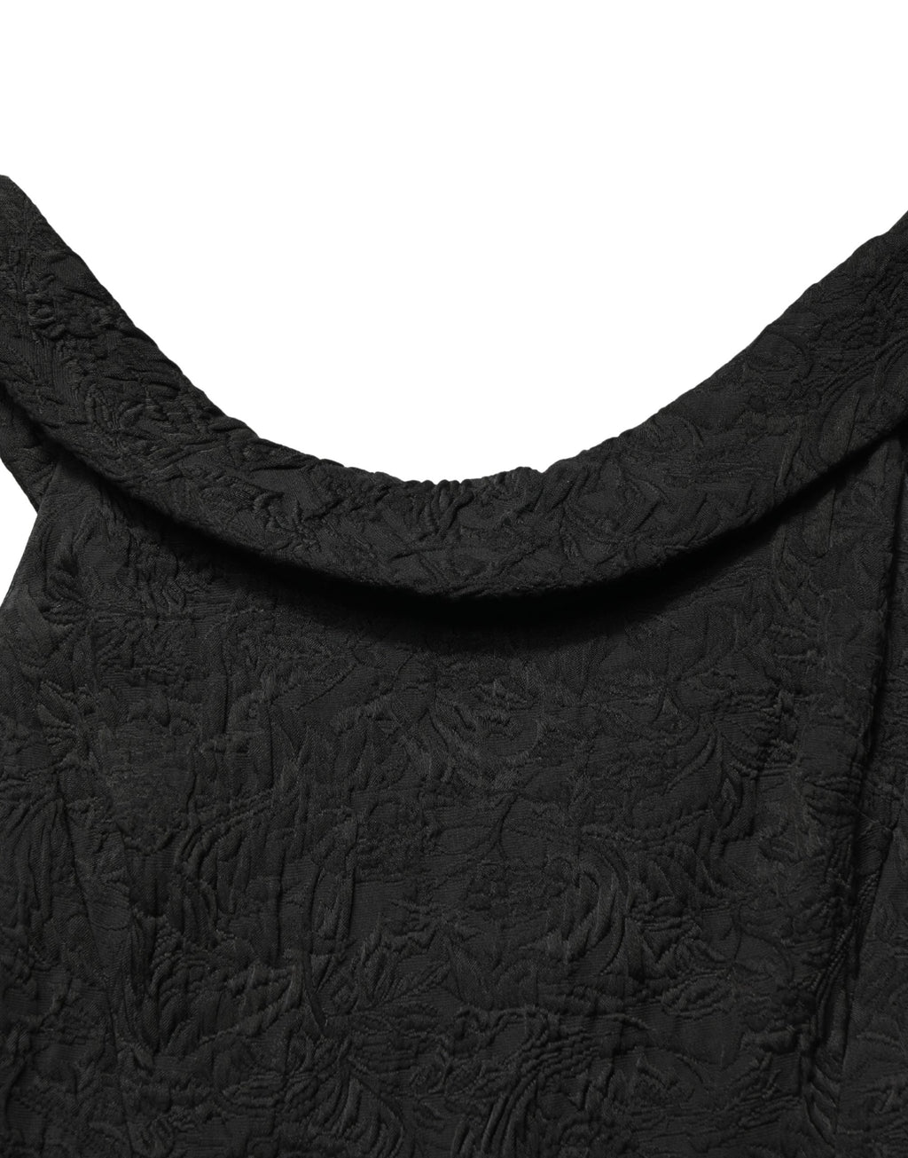 Robe sirène noire en brocart floral Dolce & Gabbana, coupe ajustée et élégante avec motifs floraux sophistiqués.