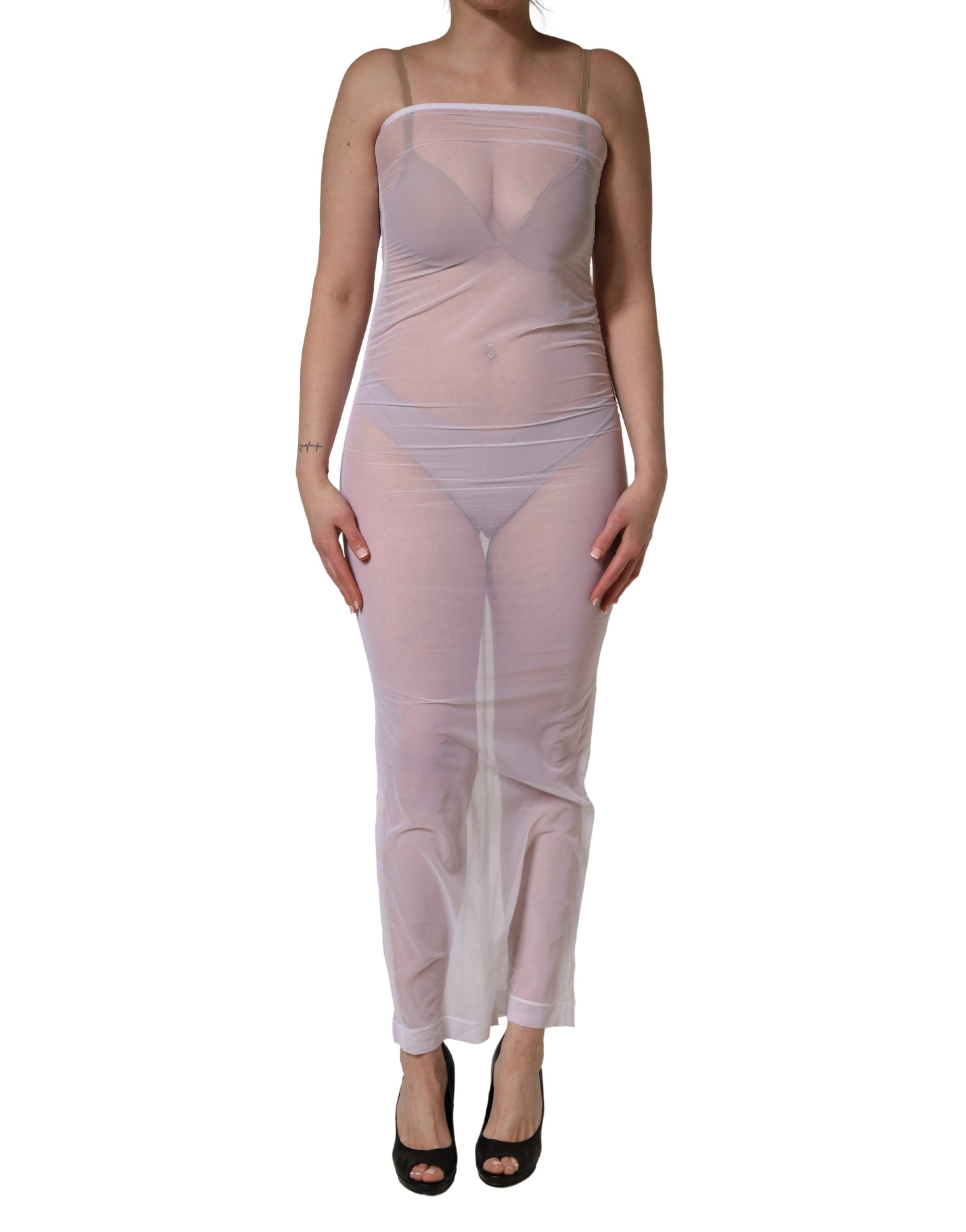 Robe longue en nylon transparent blanche de Dolce & Gabbana, robe moulante et élégante avec un tissu stretch.