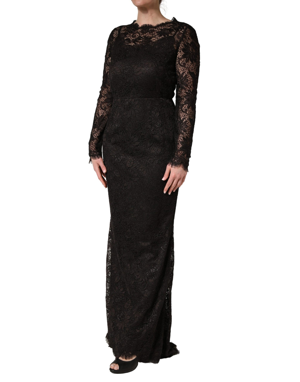 Robe longue Dolce & Gabbana en dentelle florale noire, robe fourreau élégante avec détails raffinés et style sophistiqué.