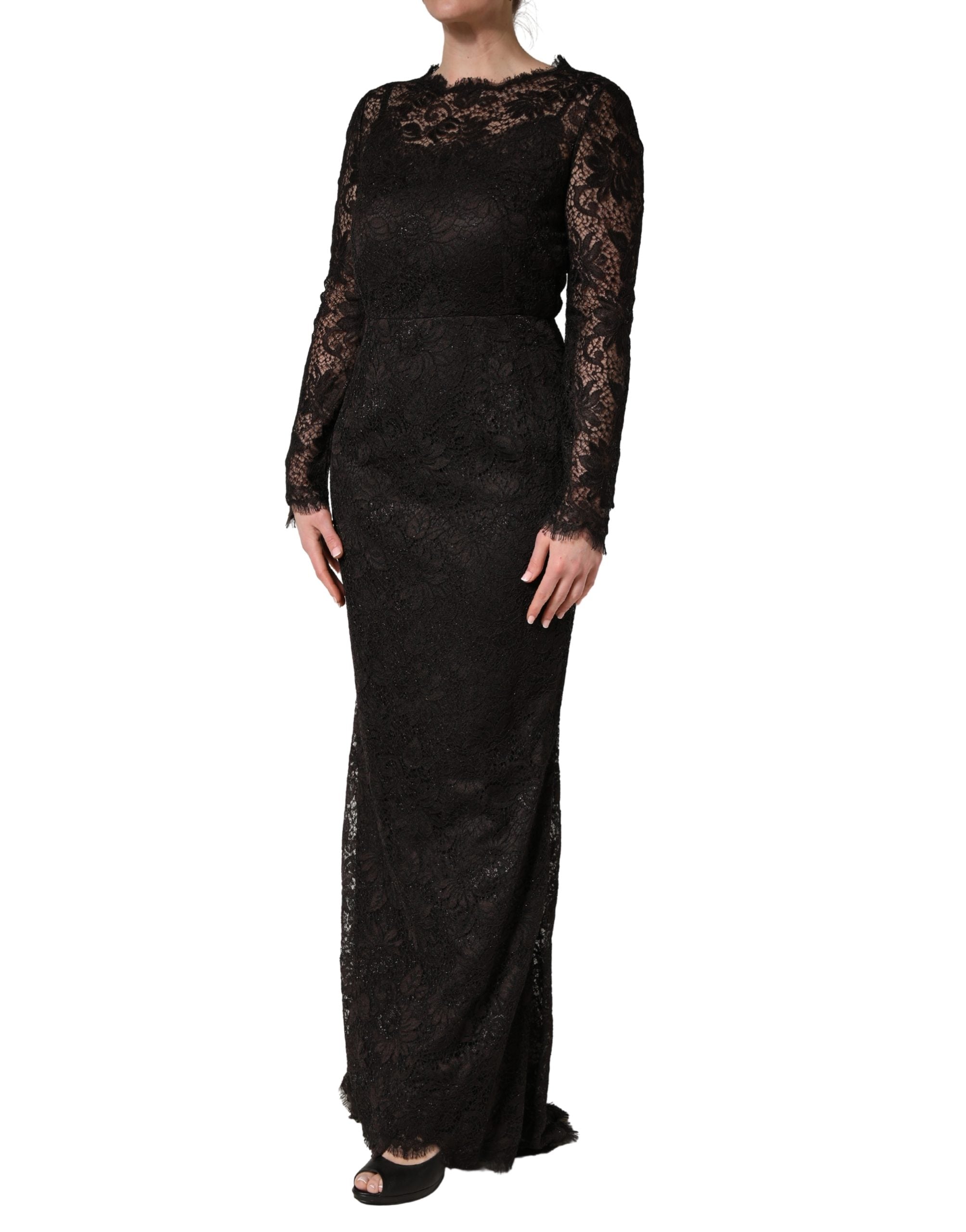 Robe longue Dolce & Gabbana en dentelle florale noire, robe fourreau élégante avec détails raffinés et style sophistiqué.