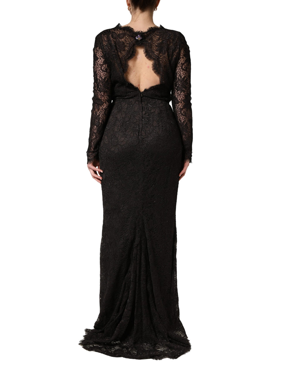 Robe longue noire Dolce & Gabbana en dentelle florale, robe fourreau élégante avec détails sophistiqués en tissu fin.