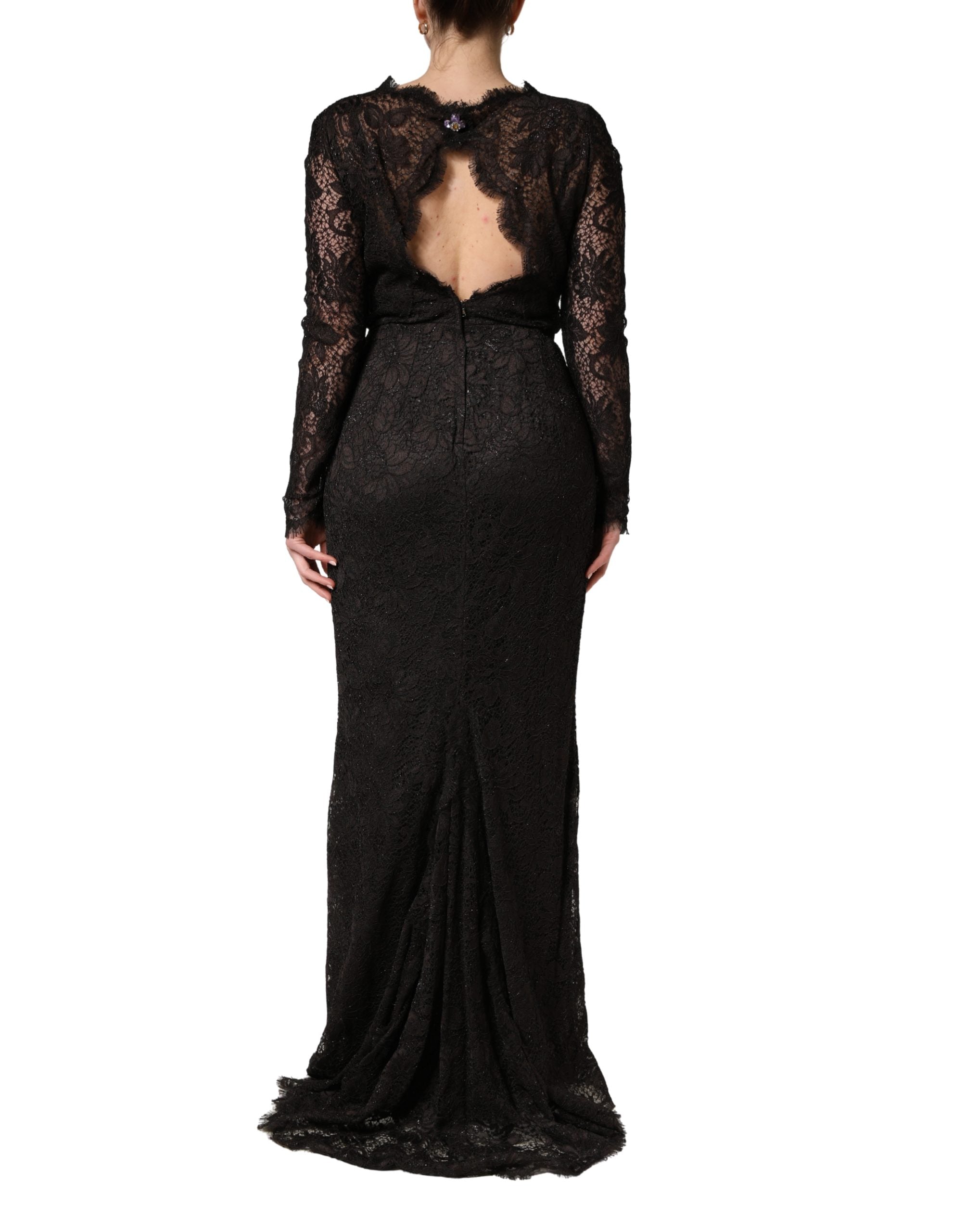 Robe longue noire Dolce & Gabbana en dentelle florale, robe fourreau élégante avec détails sophistiqués en tissu fin.