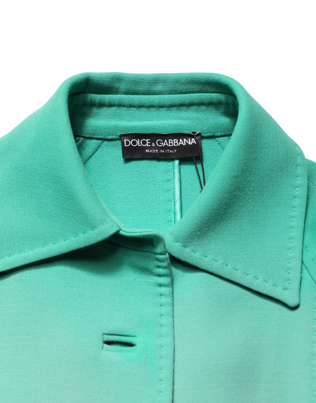 Manteau trench vert Dolce & Gabbana avec boutons et ceinture, veste élégante, vue de face sur un fond neutre.