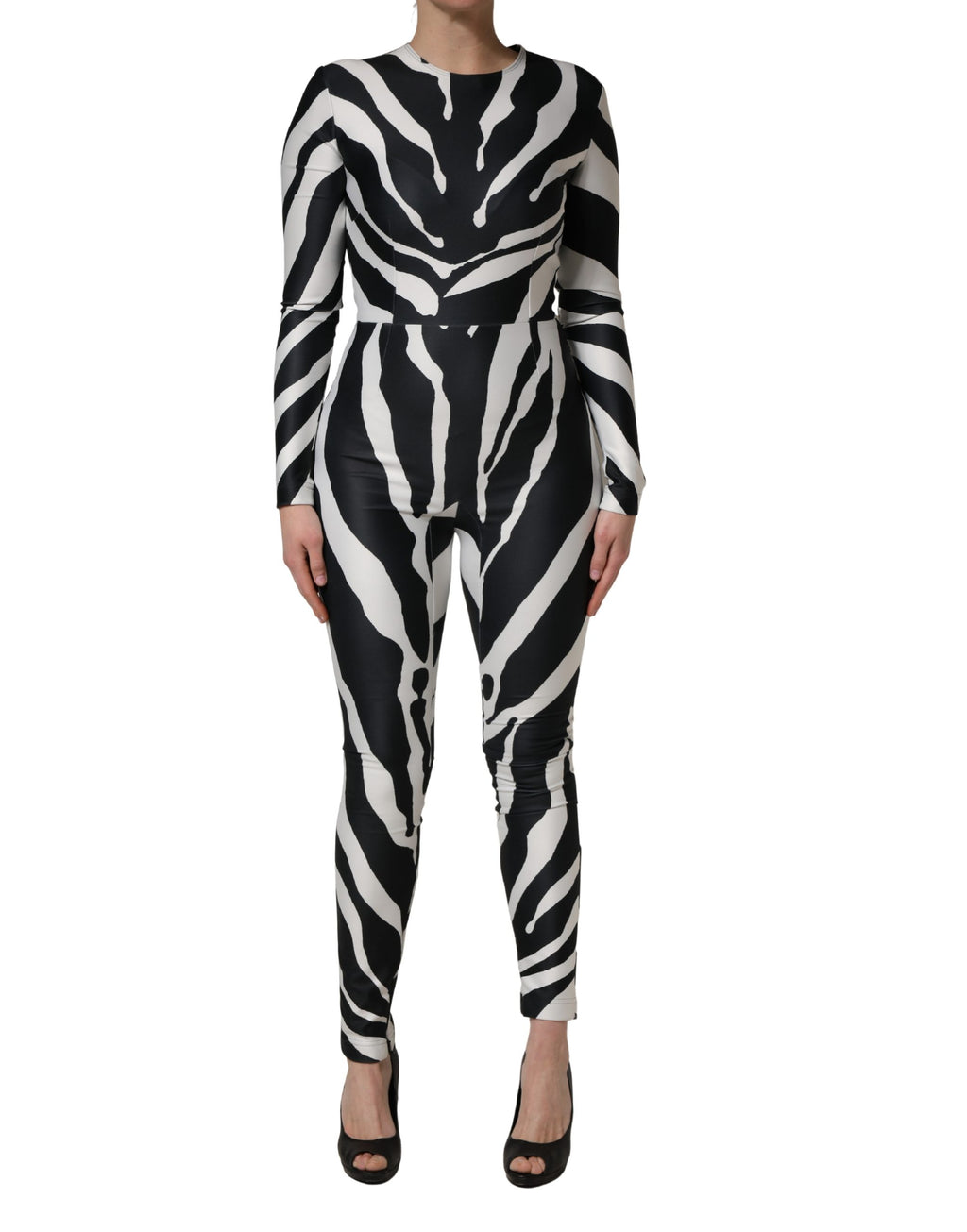 Combinaison en polyester noir et blanc avec motif zèbre de Dolce & Gabbana, ajustée, avec col en V et manches longues.