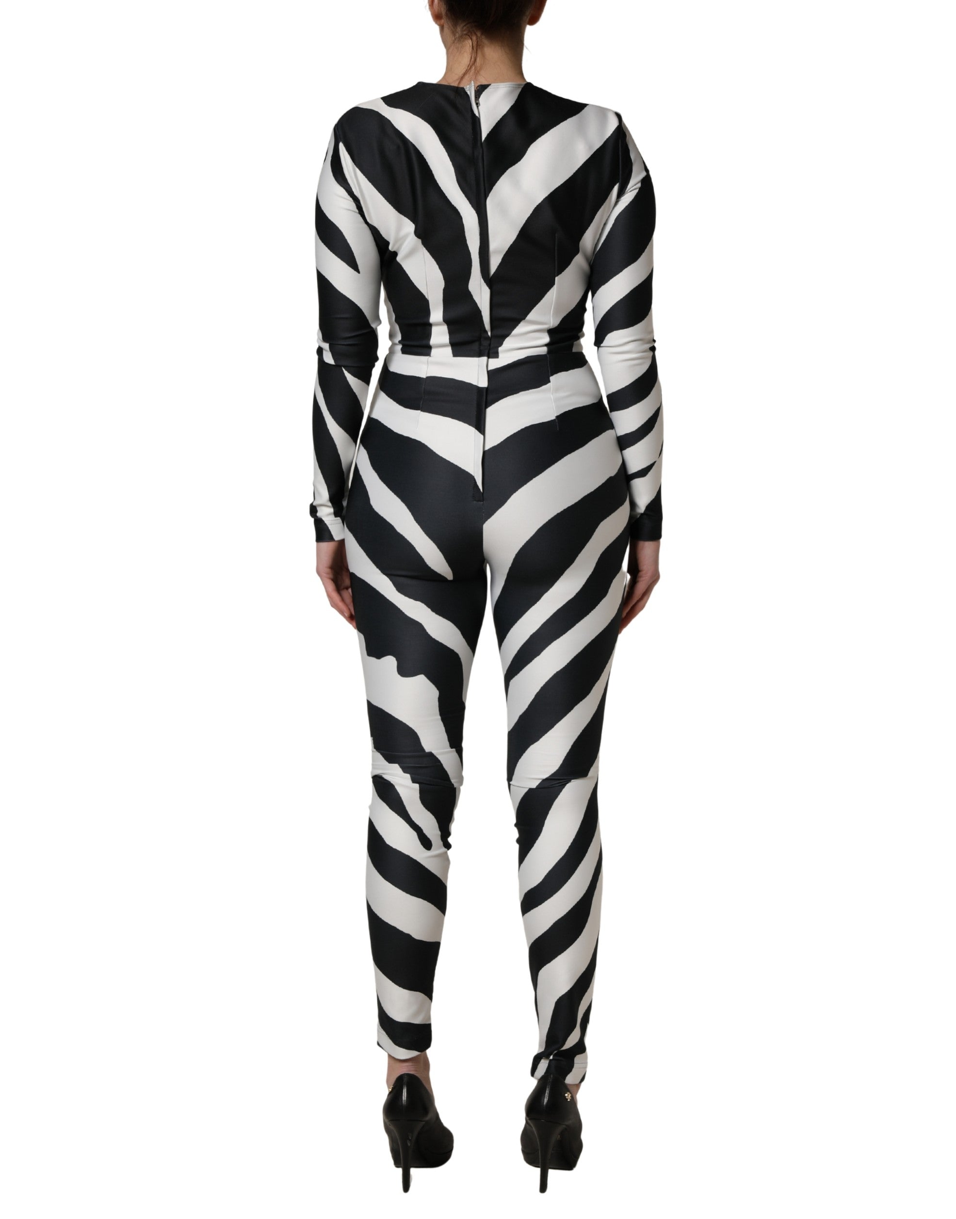 Combinaison Dolce & Gabbana en polyester noir et blanc avec motif zèbre, style élégant et moderne.