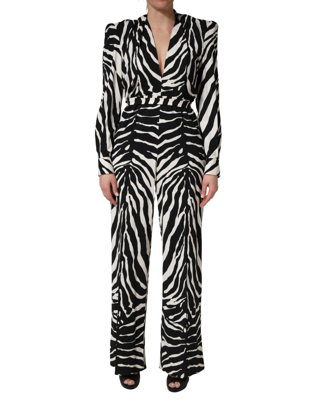 Combinaison Dolce & Gabbana en viscose noire et blanche avec motif zèbre, ajustée et élégante pour femme.