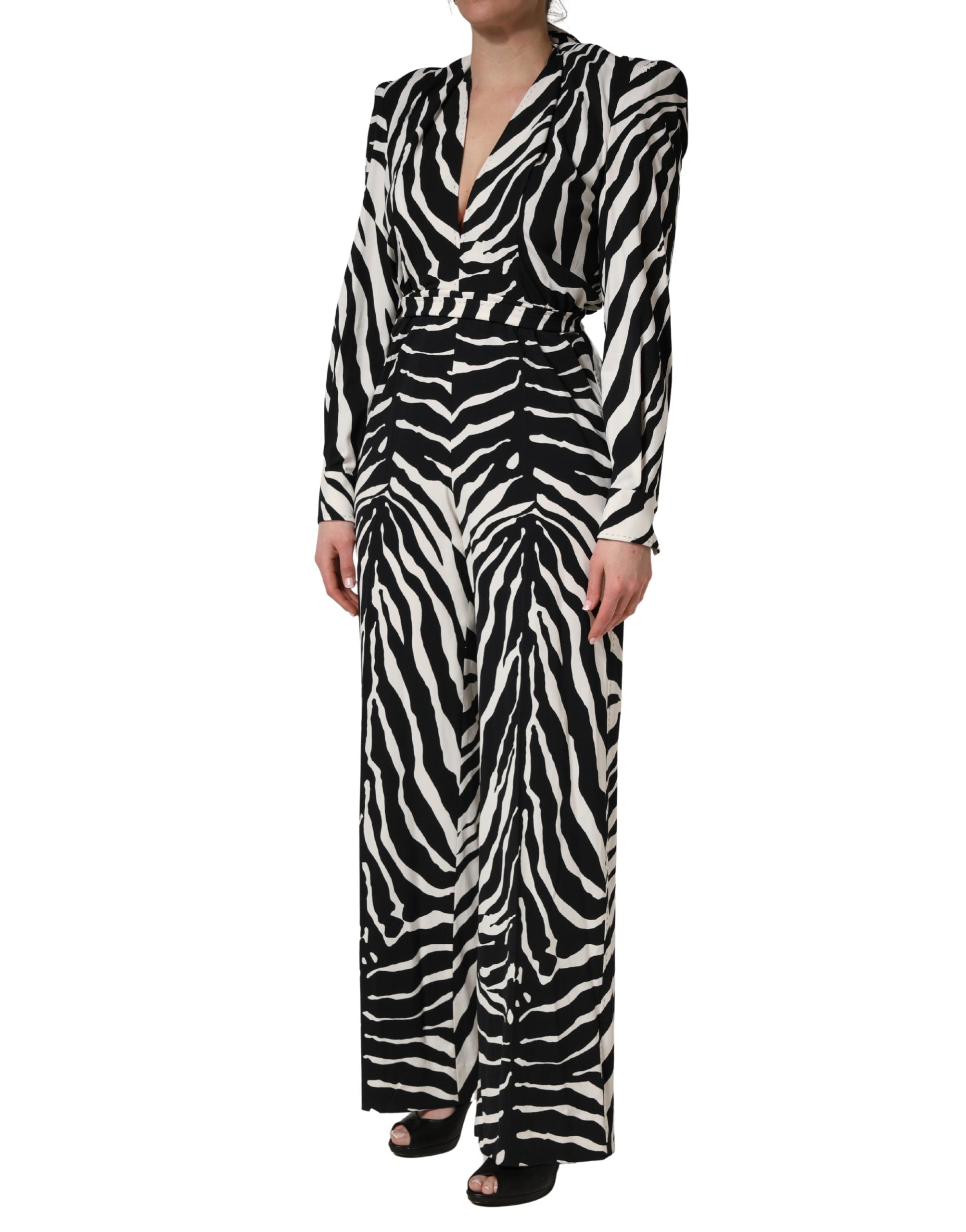 Combinaison Dolce & Gabbana en viscose noire et blanche avec motif zèbre, style élégant et tendance.