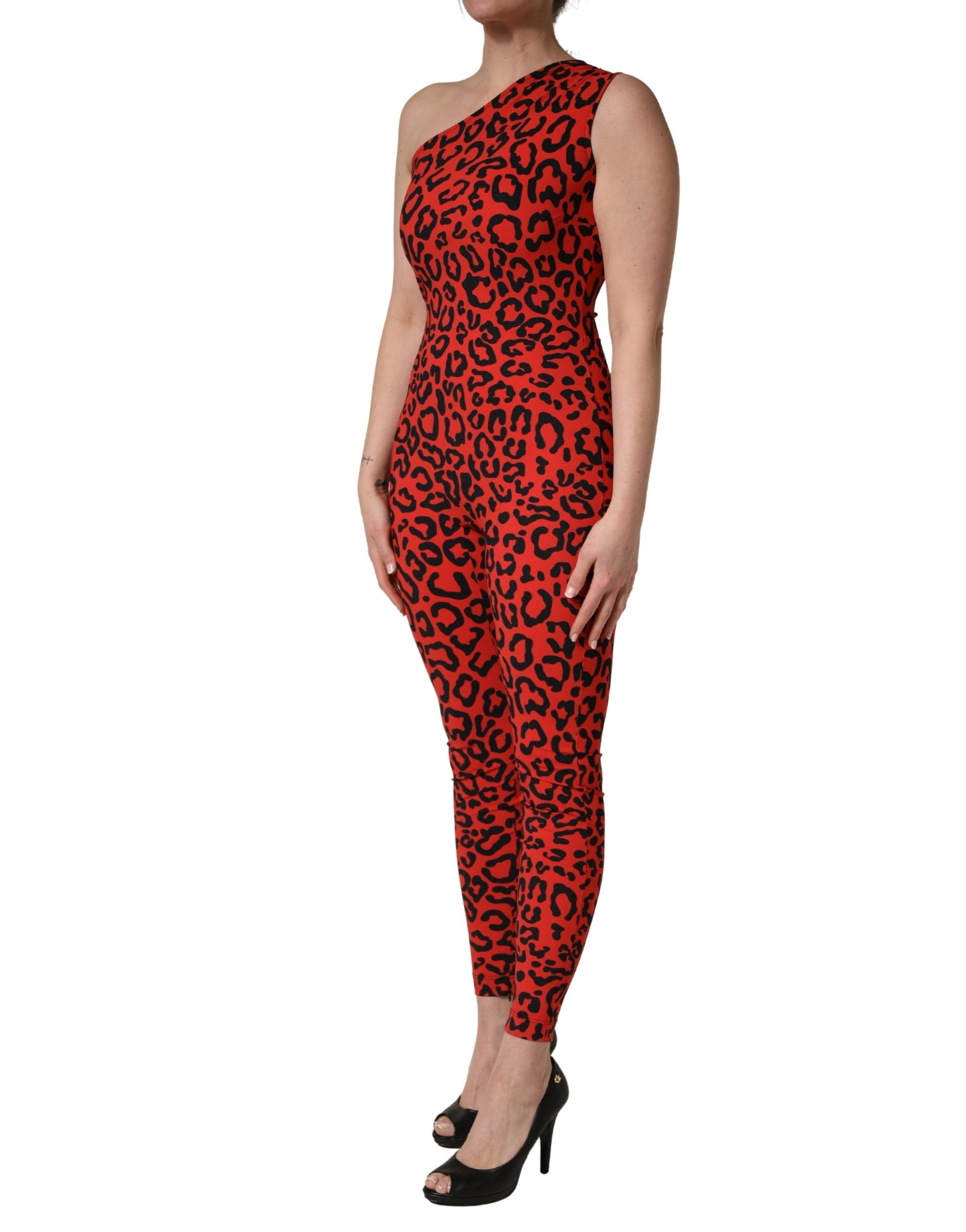 Combinaison en nylon noir et rouge à motif léopard Dolce & Gabbana, style élégant et tendance.