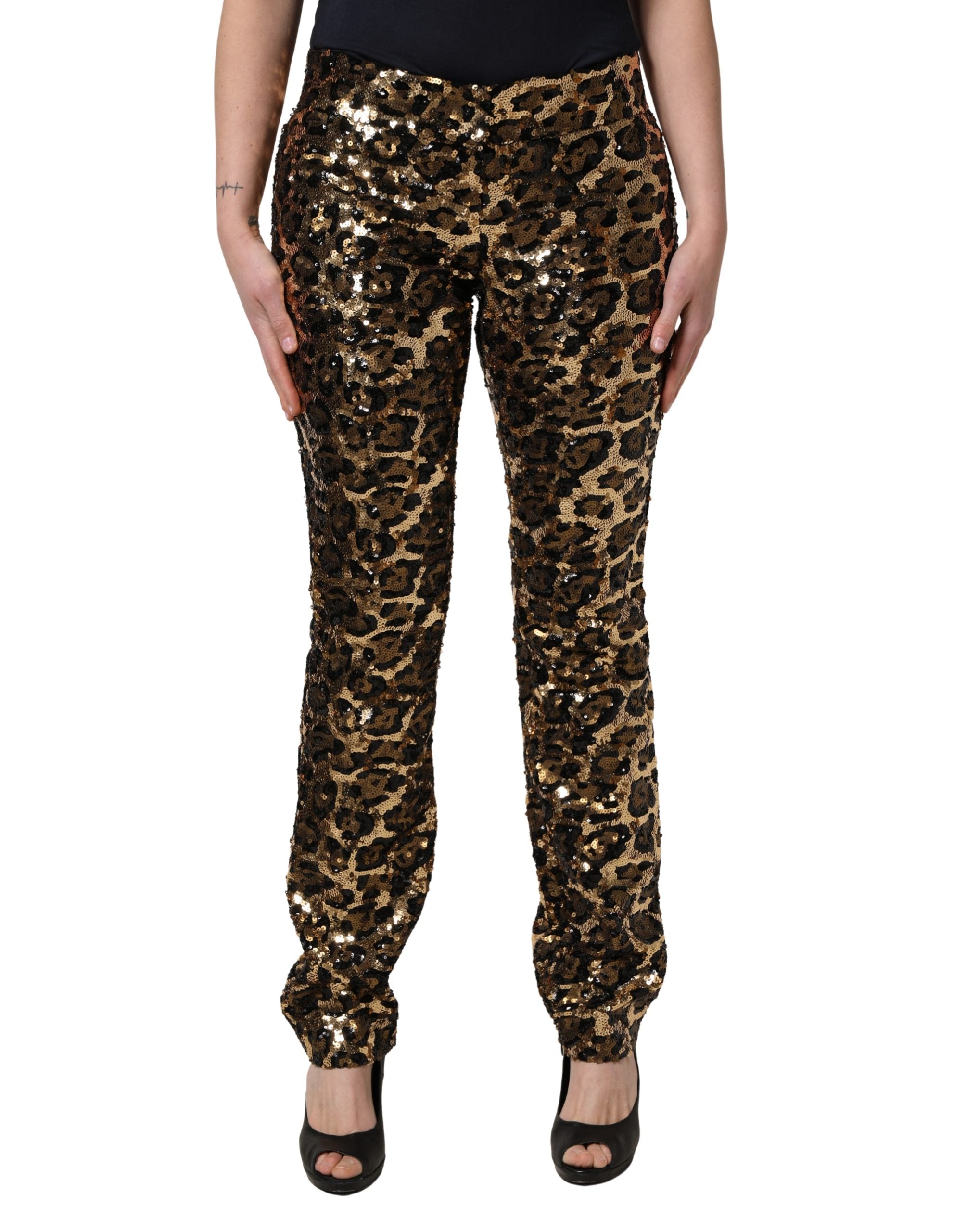 Pantalon droit Dolce & Gabbana orléopard à sequins, style élégant et brillant, visible en gros plan sur fond neutre.