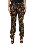 Pantalon droit Dolce & Gabbana orné de sequins à motif léopard, style élégant et sophistiqué.