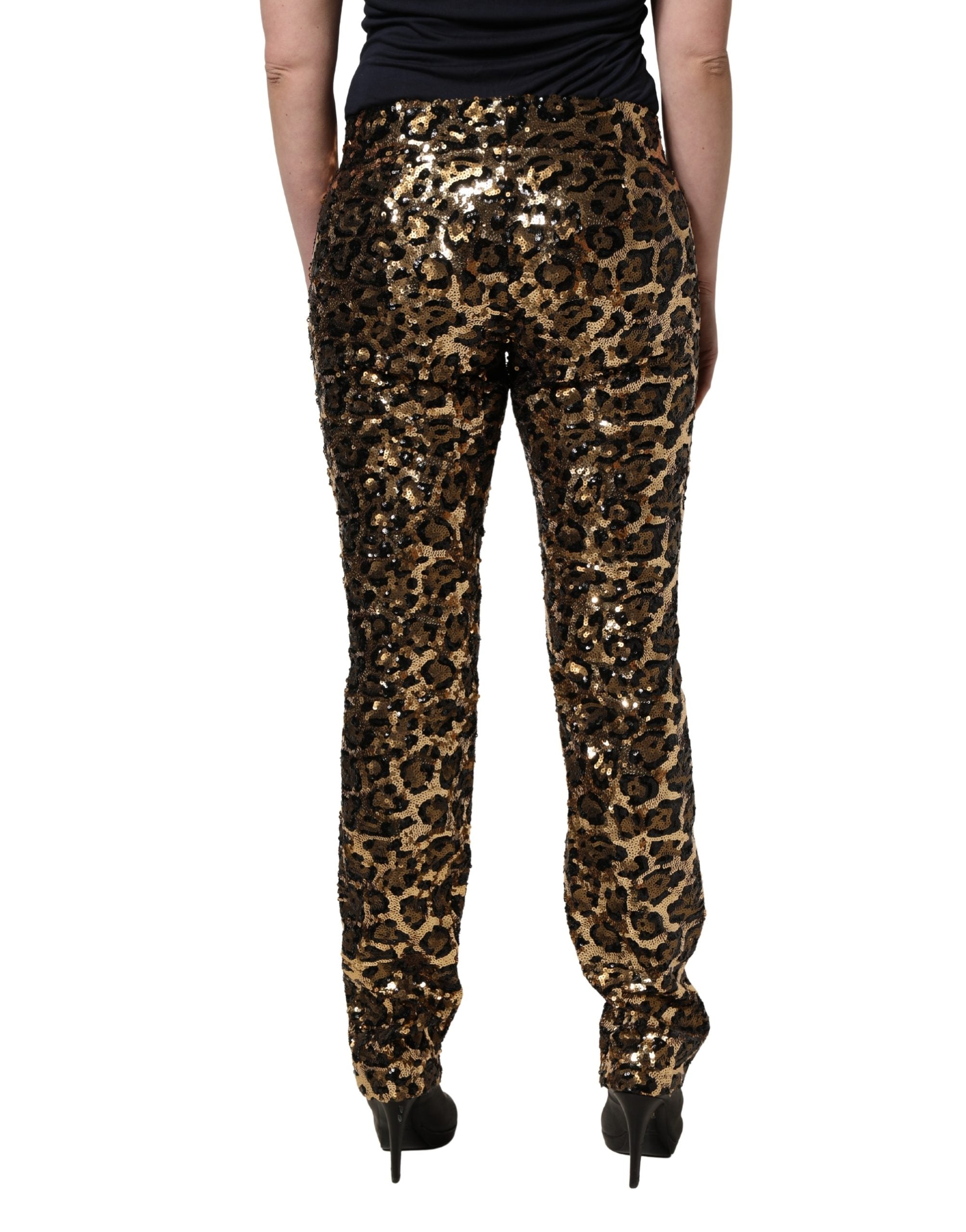 Pantalons droits Dolce & Gabbana orné de sequins léopard dorés, style élégant et chic pour femme.