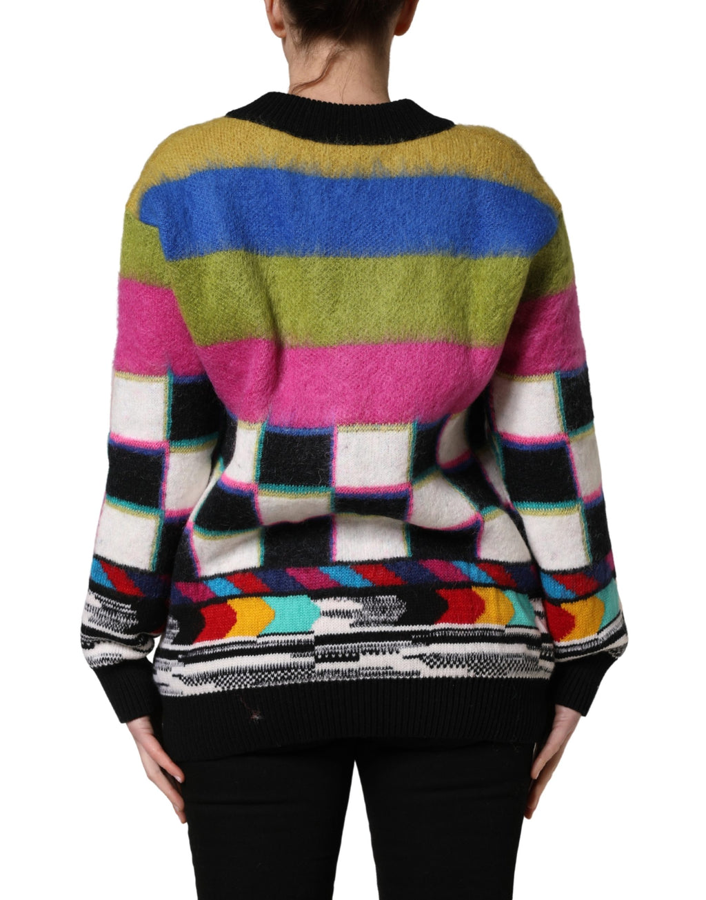 Pull-over Dolce & Gabbana à rayures multicolores avec col en V, en laine, affichant un style élégant et coloré.