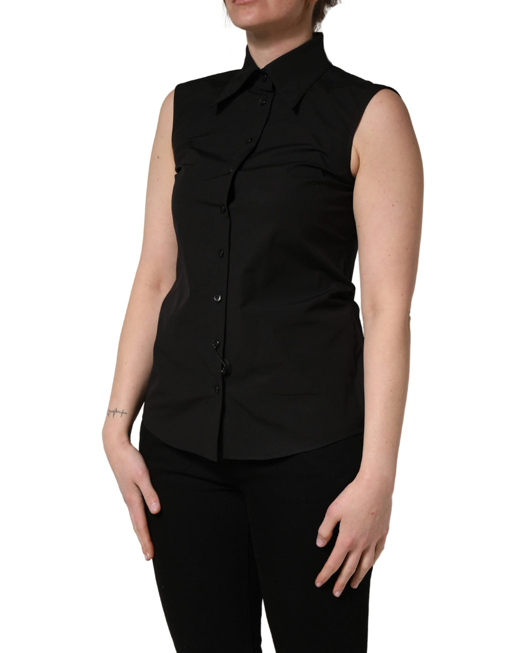 Chemise sans manches noire Dolce & Gabbana en coton avec col, vue de face.