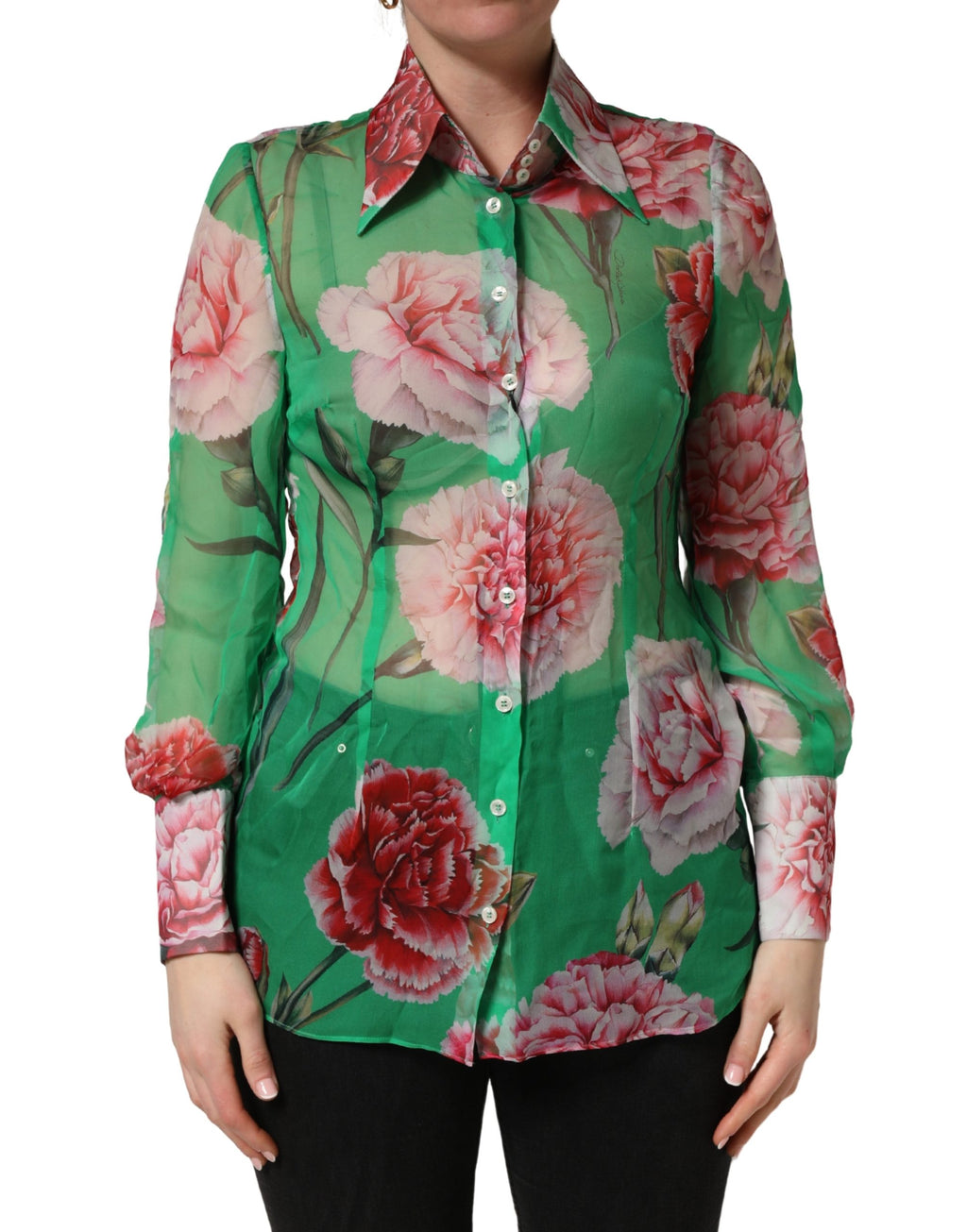 Chemisier en soie Dolce & Gabbana à col avec imprimé de œillets verts, élégant et fluide, visible en détail.