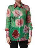 Chemisier en soie Dolce & Gabbana à col avec imprimé de œillets verts, élégant et fluide, visible en détail.