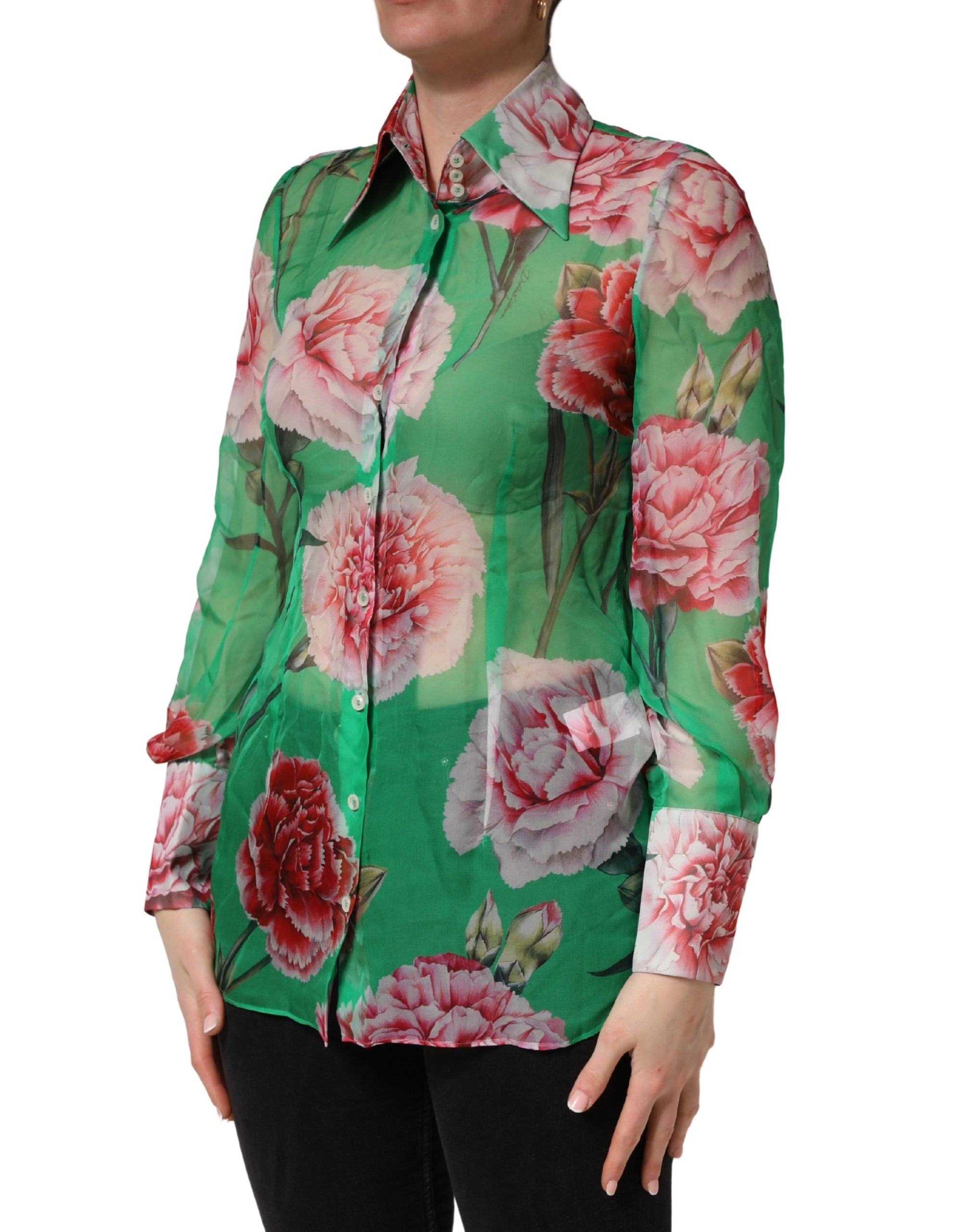 Chemisier en soie Dolce & Gabbana à col avec motif de carnation vert, élégant et fluide, pour un look sophistiqué.