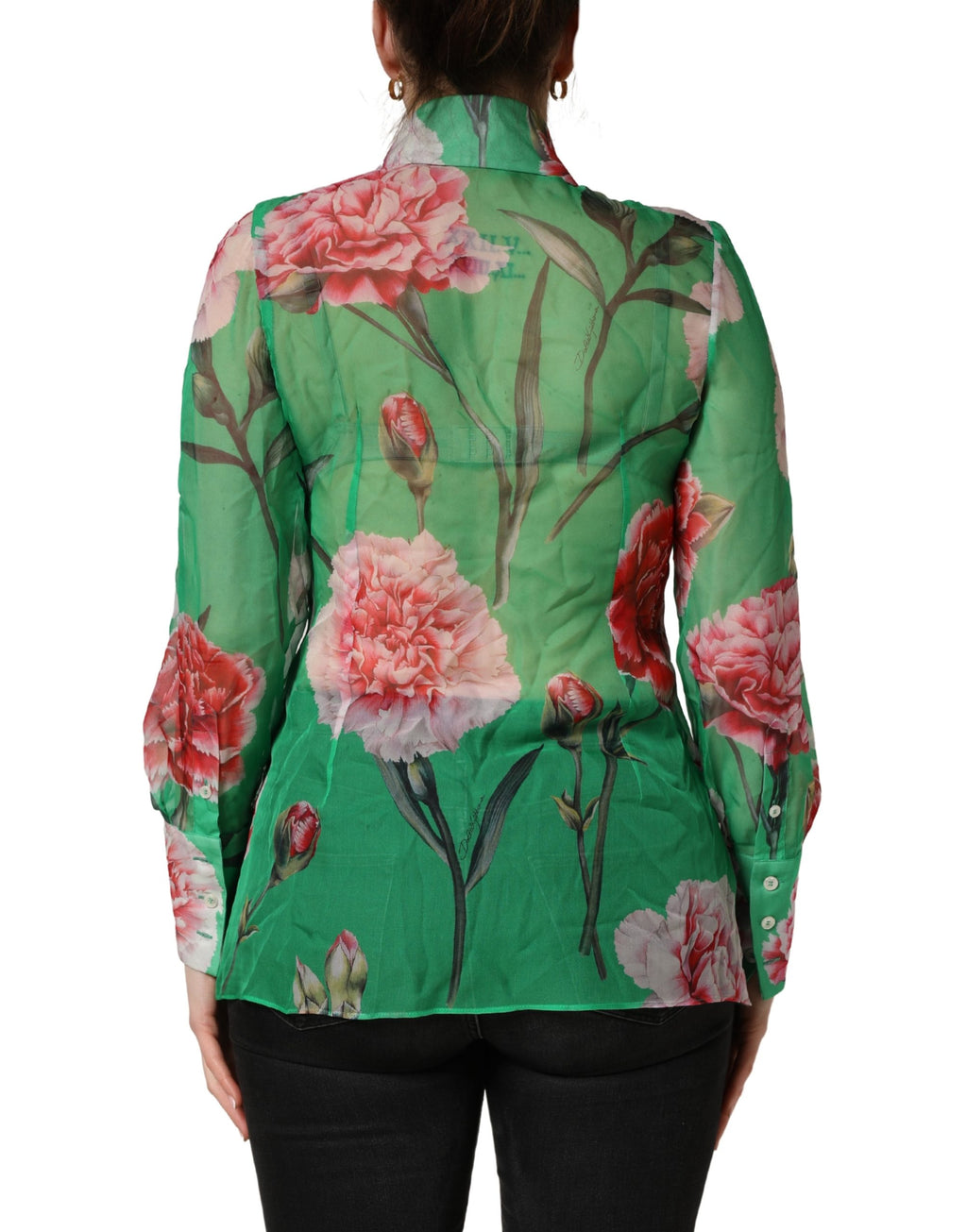 Chemisier en soie Dolce & Gabbana avec col et imprimé œillet vert, élégant et léger.