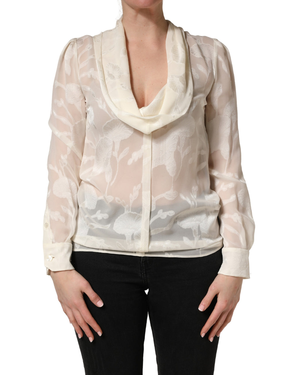 Blouse en soie semi-transparente blanche avec fleurs, Dolce & Gabbana, style élégant et féminin.
