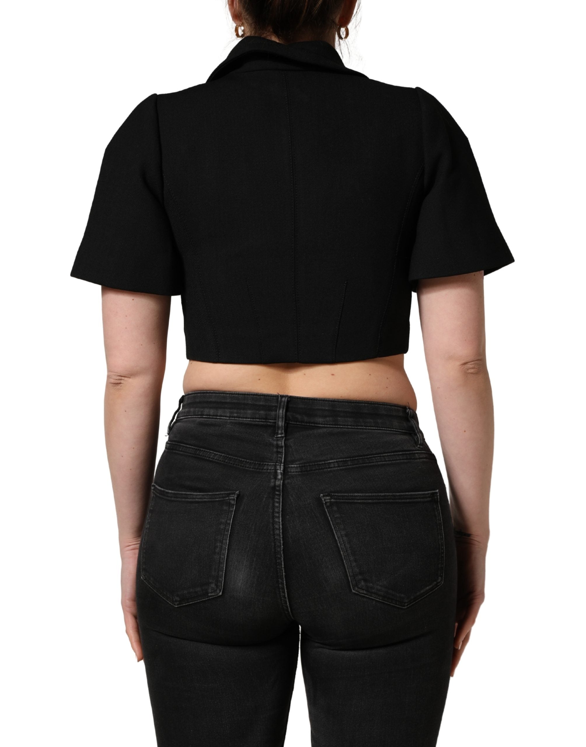 Blouse courte noire avec col à manches courtes de Dolce & Gabbana, style élégant et moderne, vue de face sur un fond neutre.