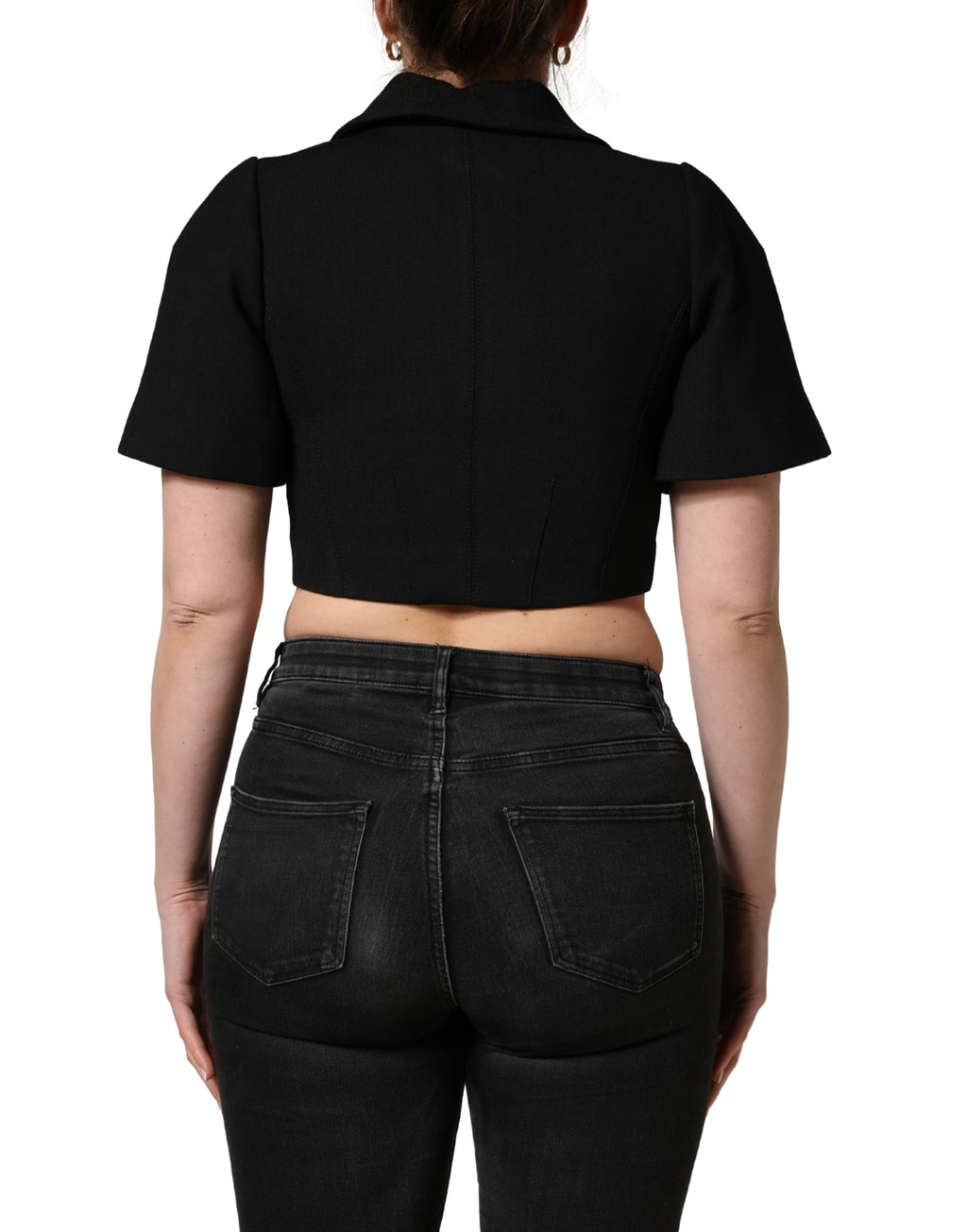 Blouse courte noire à col Dolce & Gabbana avec manches courtes, style élégant et moderne, vue de face.
