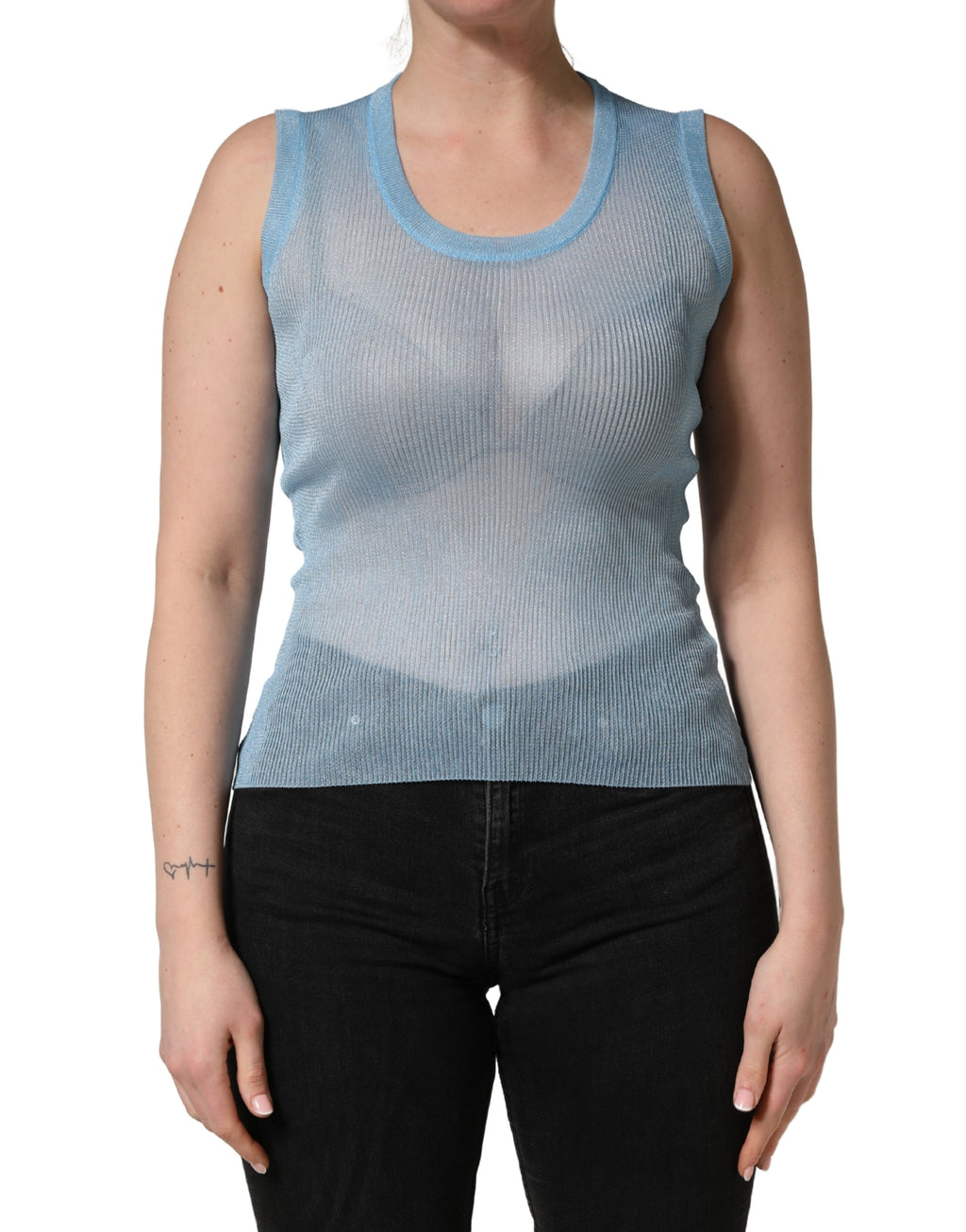 Débardeur sans manches bleu semi-transparent à rayures fines de Dolce & Gabbana, en tissu côtelé léger.