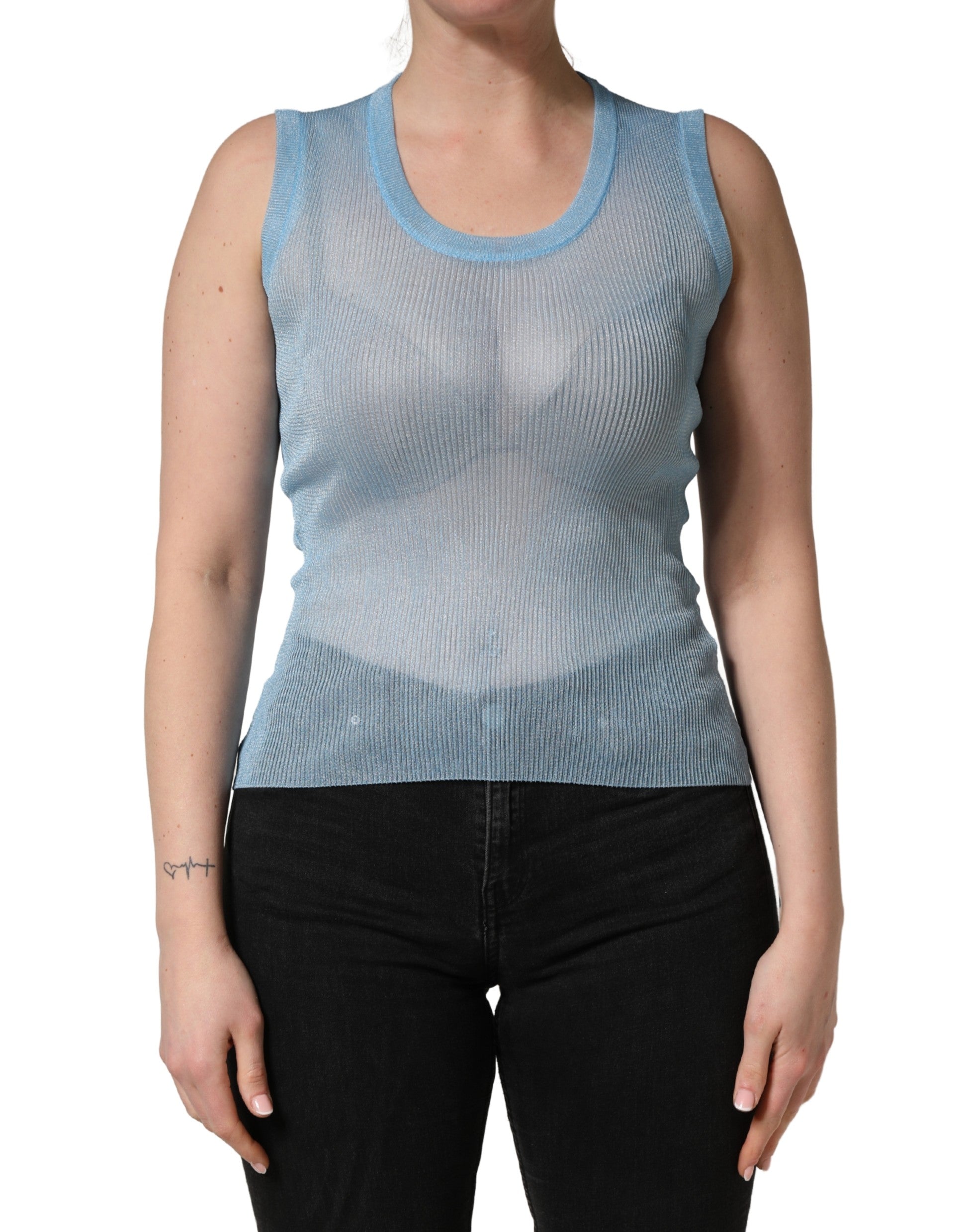 Débardeur sans manches bleu semi-transparent à rayures fines de Dolce & Gabbana, en tissu côtelé léger.