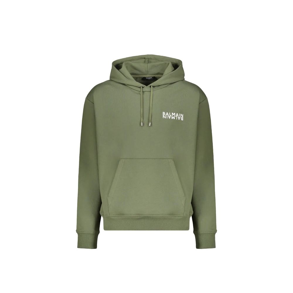 Sweat à capuche bicolore en coton de Balmain, avec logo brodé, porté sur mannequin, mode décontractée et élégante.