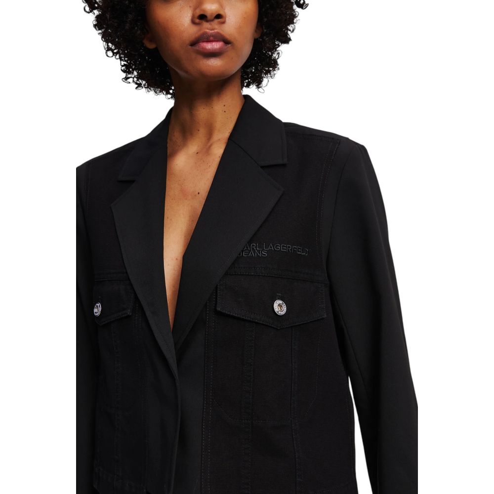 Blazer noir en polyester de Karl Lagerfeld, veste élégante avec coupe classique et détails modernes, vue de face.