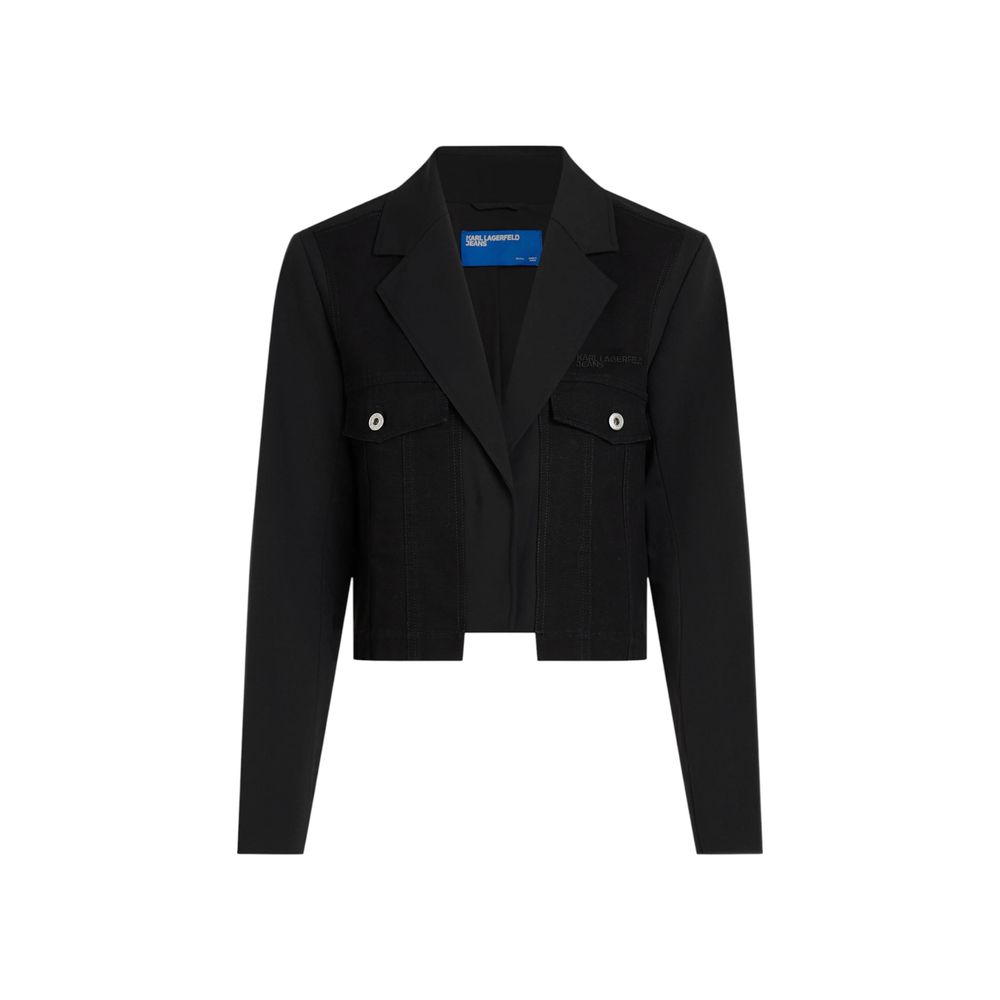 Veste blazer noire en polyester de Karl Lagerfeld, coupe élégante, portée sur mannequin debout, détails sophistiqués.