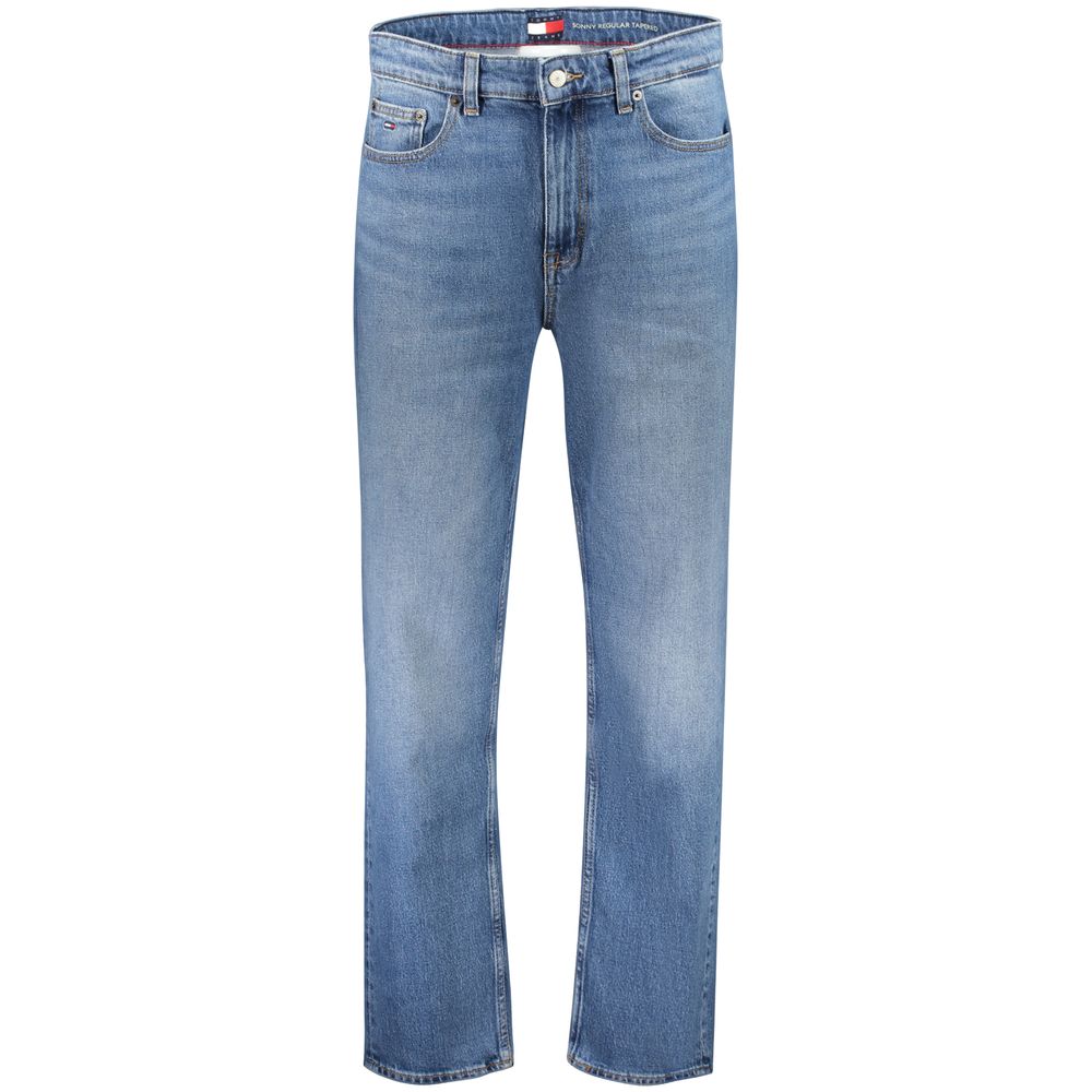 Jeans homme en coton Tommy Hilfiger bleu, coupe classique, détails de couture et logo de la marque visible.