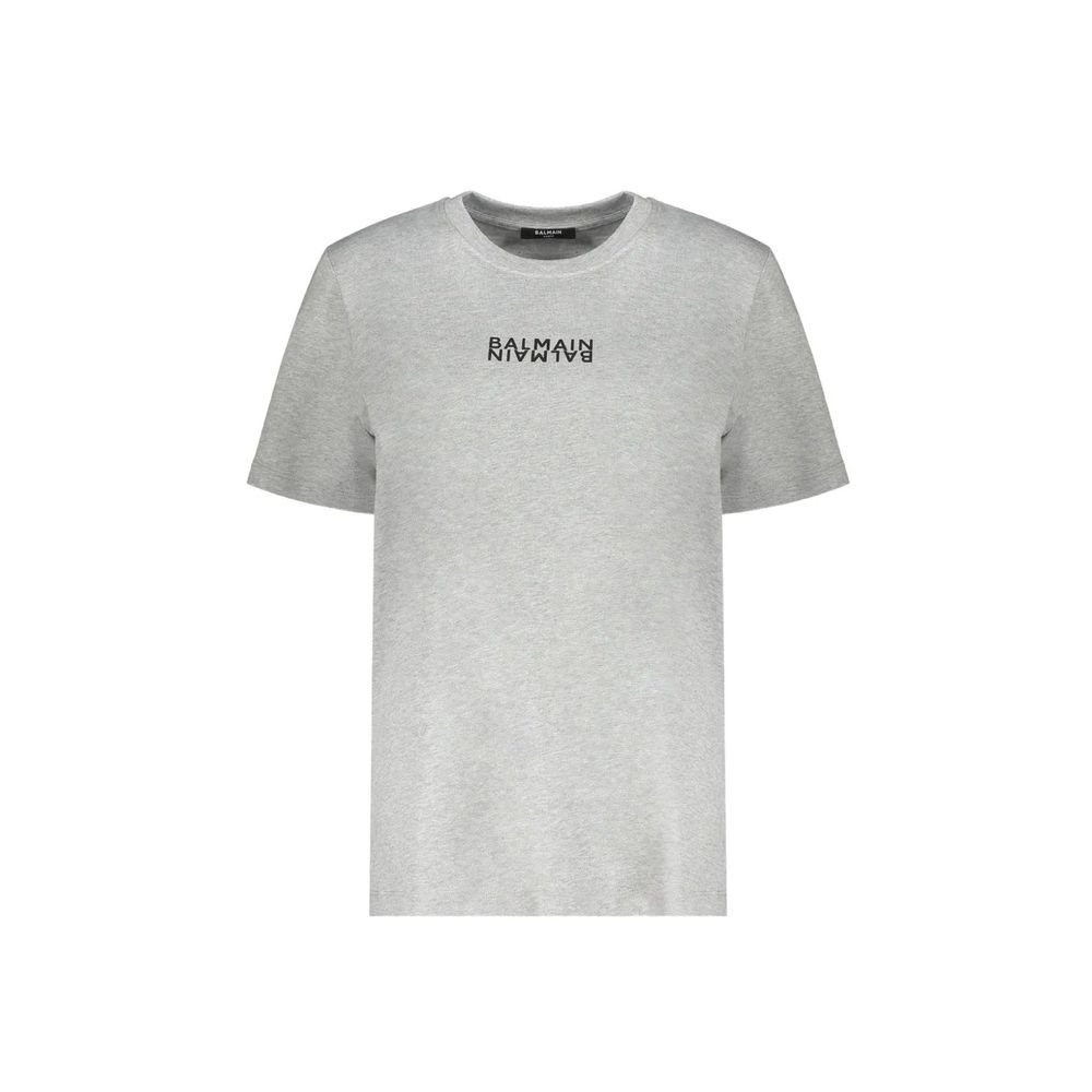 T-shirt gris en coton de la marque Balmain, illustration simple et coupe classique visible sur l'image.