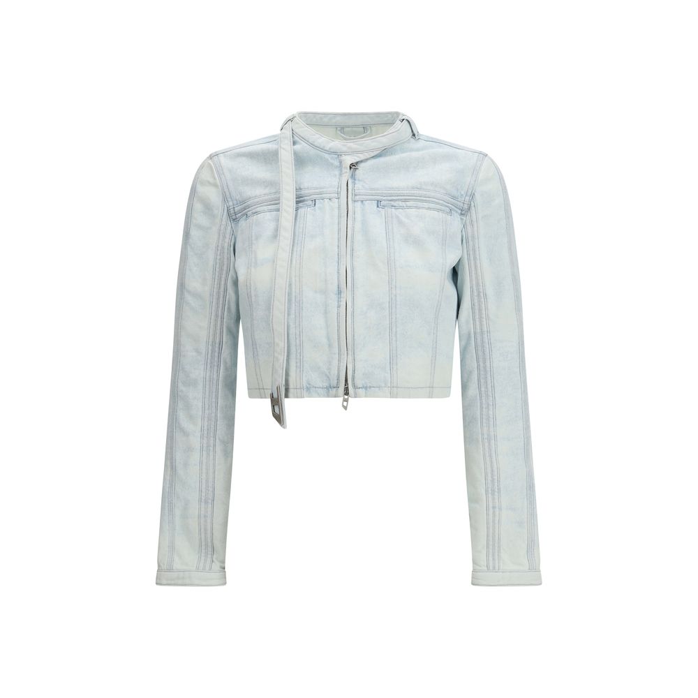 Veste en coton bleu Diesel pour biker, style décontracté avec détails en cuir et fermeture éclair, vue de face.