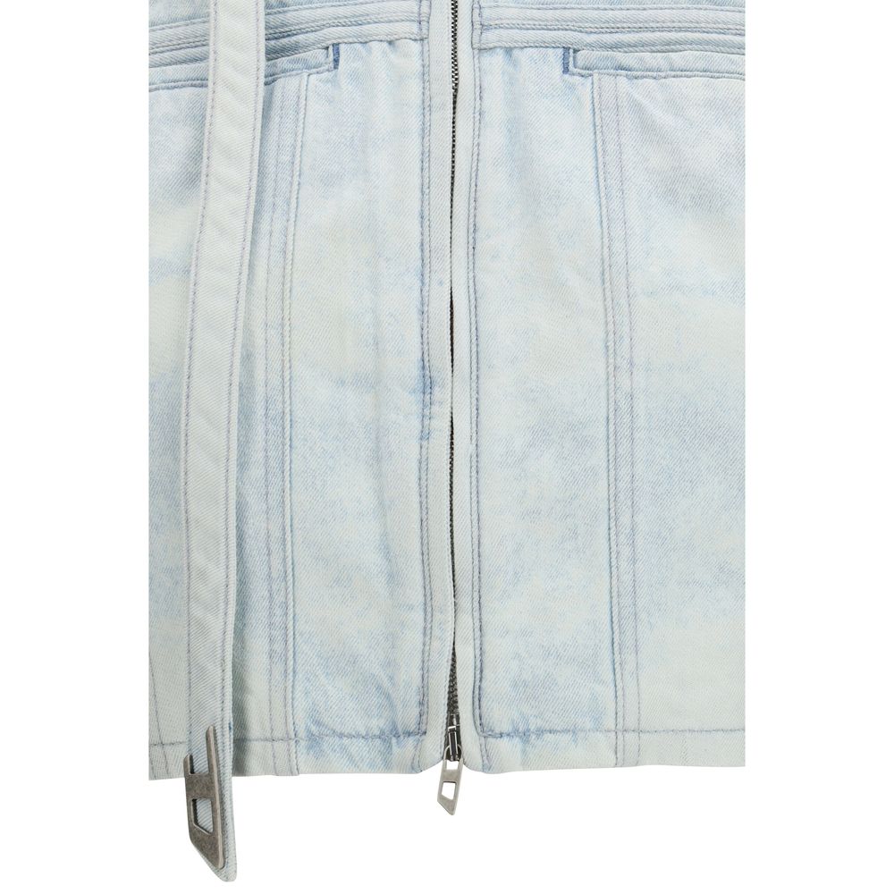Veste en coton bleu Diesel pour biker, avec fermeture zippée et détails en métal, portée sur un mannequin.