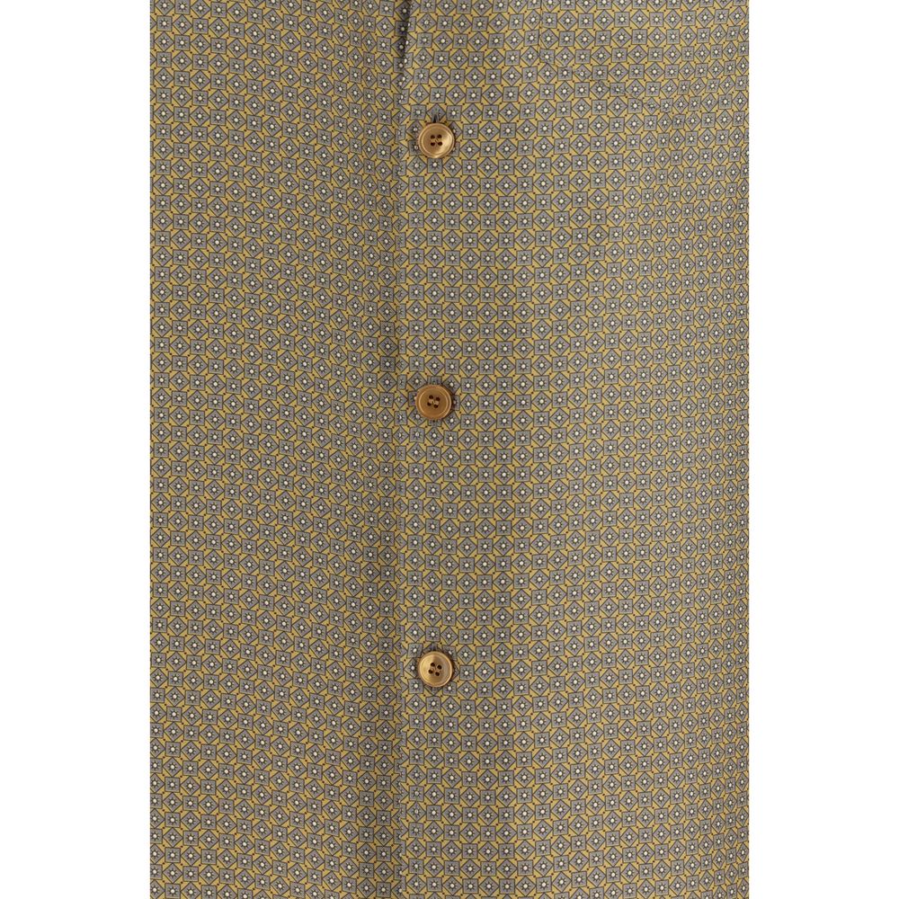 Chemise en soie multicolore Saint Laurent avec motif, élégante et raffinée, visible avec col et boutons en détail.