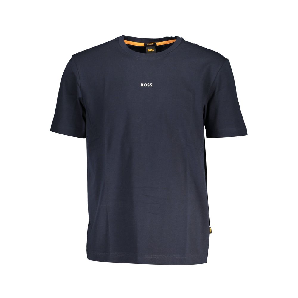 T-shirt homme en coton biologique bleu de la marque Hugo Boss, coupe classique et logo discret sur la poitrine.