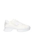 Sneakers basses en tissu blanc Prada, chaussures de sport décontractées pour homme ou femme, vue de face.