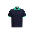 Chemise polo en coton bleu Versace, style élégant avec logo distinctif, portée décontractée ou chic.