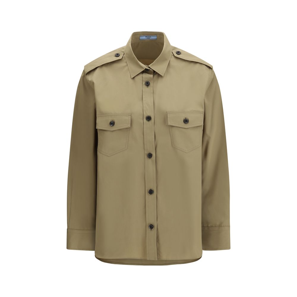 Chemise en coton beige de Prada, vue de face, avec col classique et manches longues, élégante et confortable.