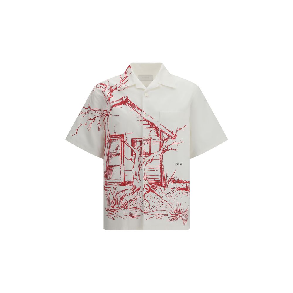 Chemise blanche en coton de Prada, vue de face, avec col classique et logo discret, pour un style élégant et sophistiqué.
