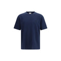 T-shirt en coton bleu Saint Laurent avec logo discret, porté sur un mannequin.
