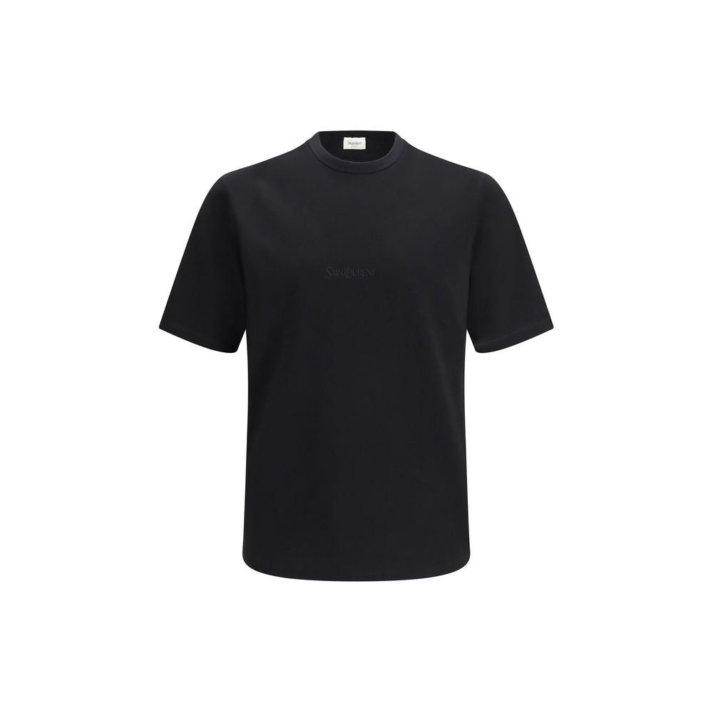 T-shirt en coton noir de Saint Laurent, coupe classique, porté par un mannequin, détails du col rond.