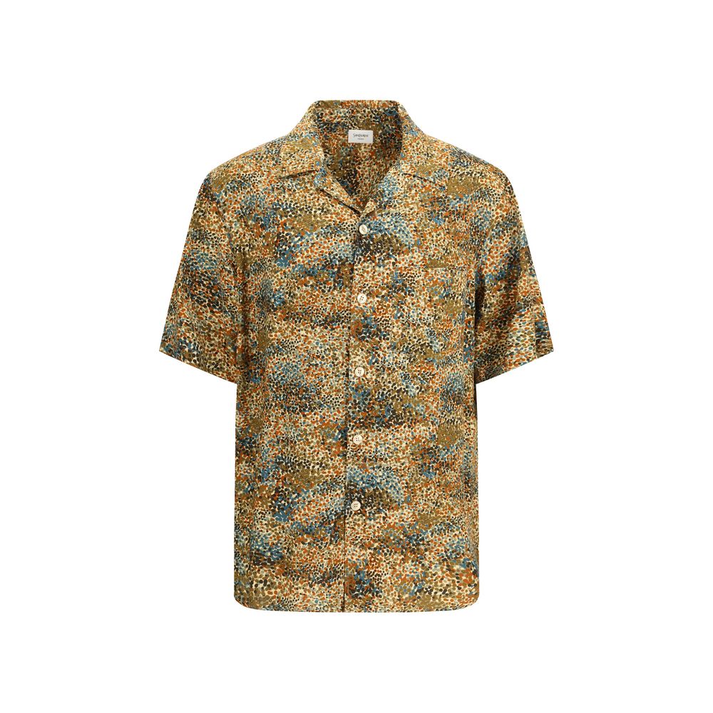 Chemise Saint Laurent en viscose à motif multicolore, design élégant avec motifs colorés, coupe moderne et tissu fluide.