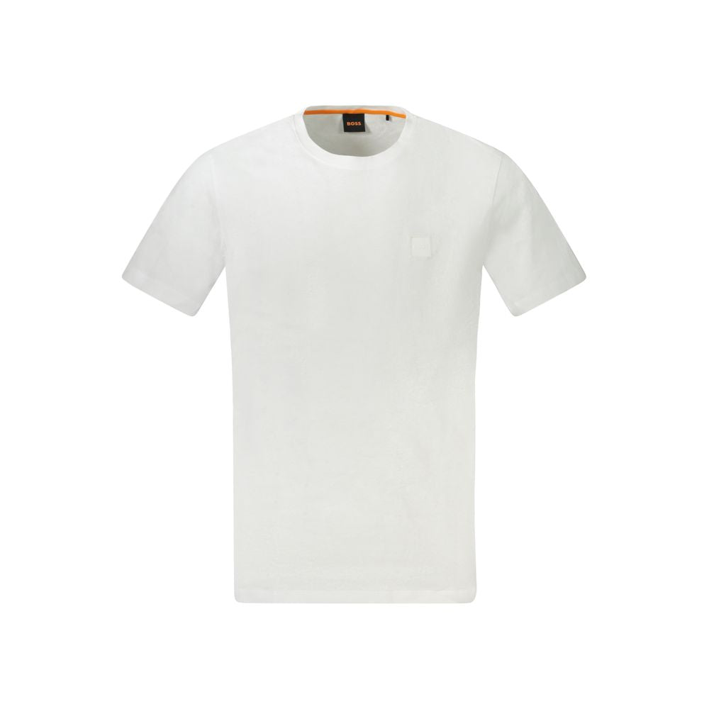T-shirt blanc en coton pour homme de la marque Hugo Boss, coupe classique, porté sur un mannequin.