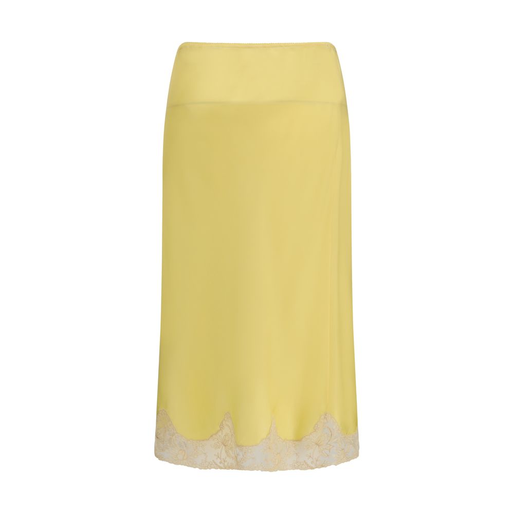 Jupe midi en soie bicolore Saint Laurent avec taille haute et coupe élégante, visible en image.