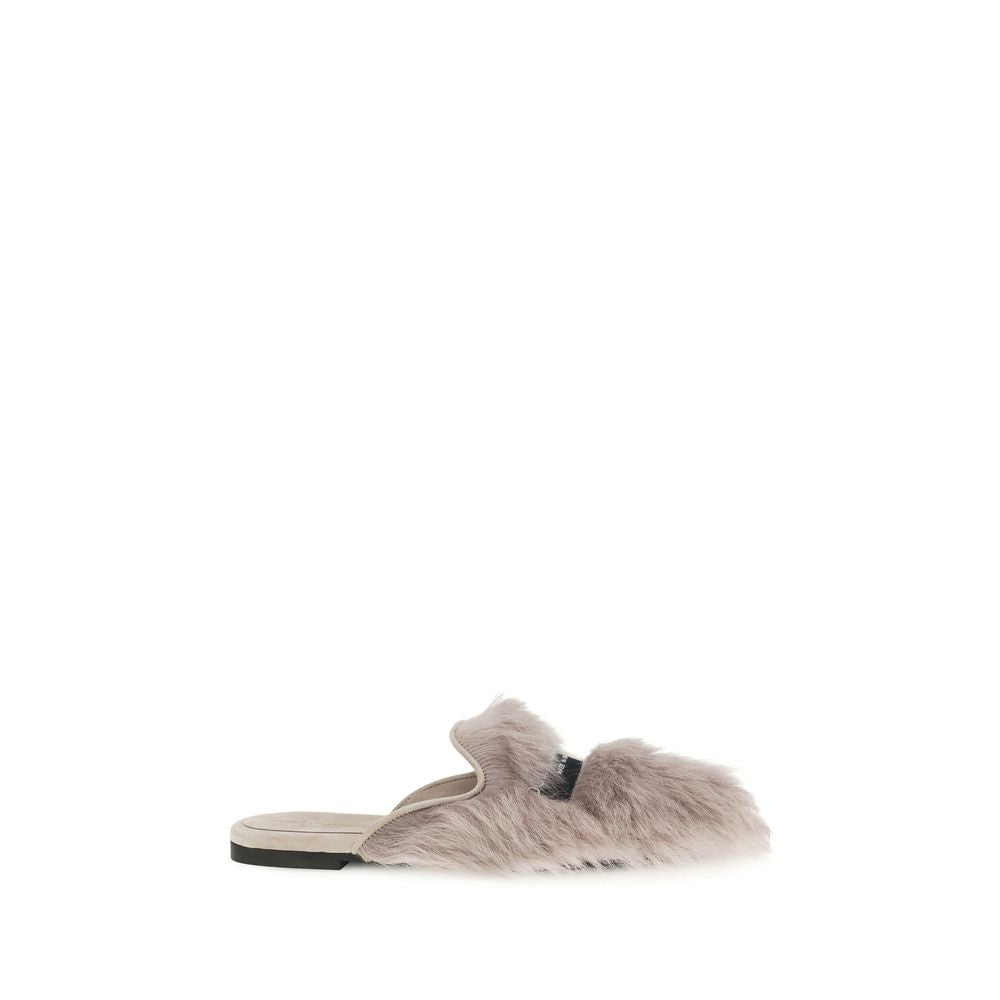Mules Dolce & Gabbana en laine d'agneau gris, design élégant et sophistiqué, vues de face sur fond neutre.