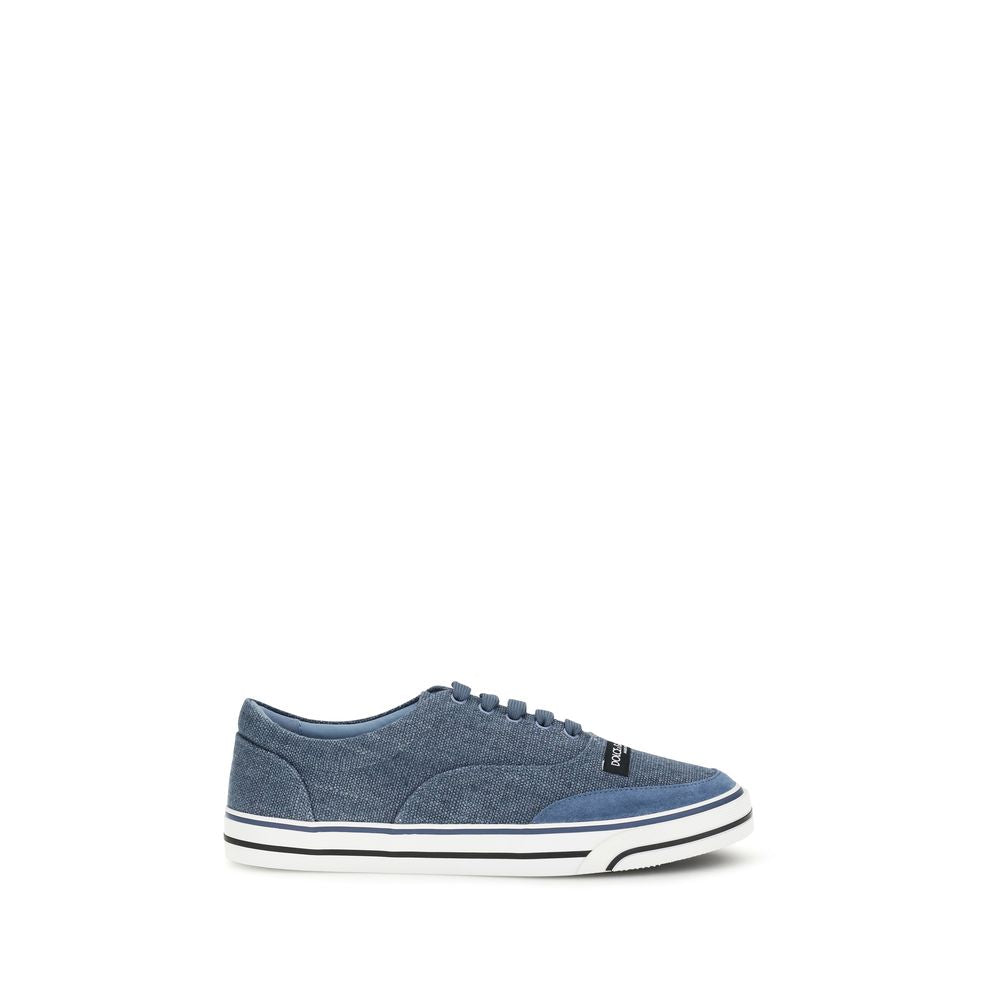 Chaussures sneakers basses en lin bleu Dolce & Gabbana, style décontracté, vue de face avec détails en tissu et semelle blanche