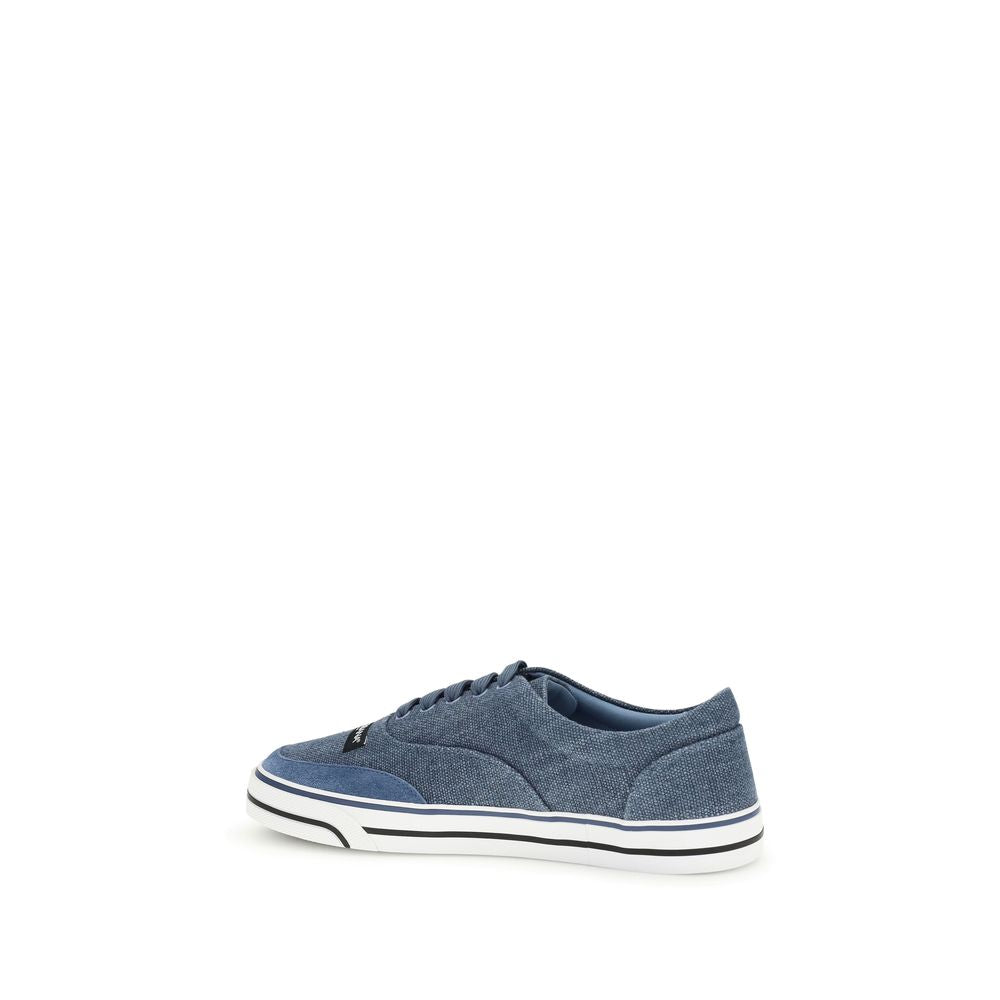 Chaussures sneakers basses en lin bleu Dolce & Gabbana avec semelle blanche, vue de face.